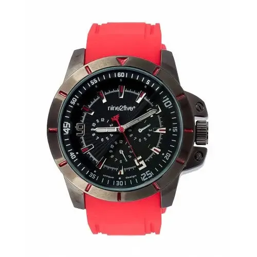 Nine2Five Men's Chrono Quartz Black Alloy Case Red Silicone Watch AACR08RJNG