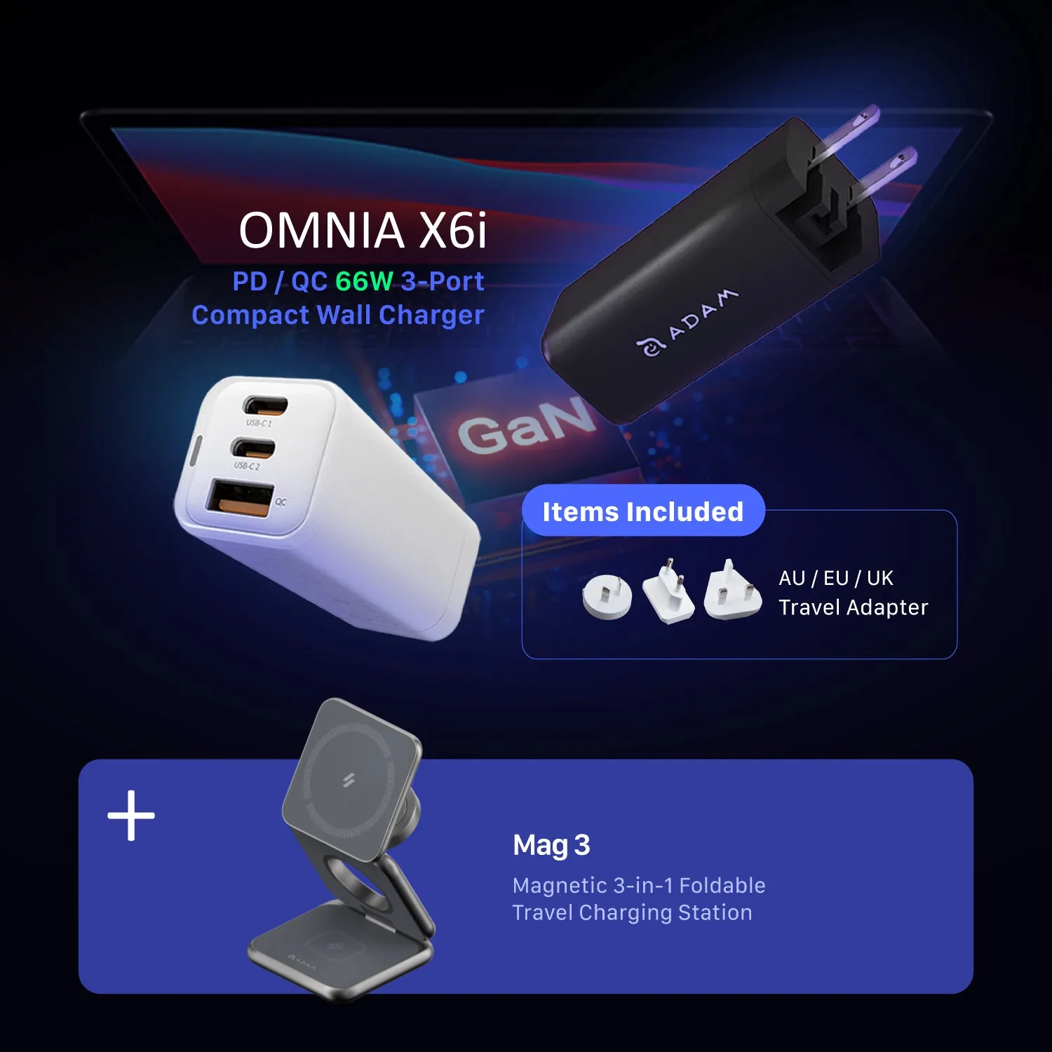 OMNIA X6i PD / QC 66W Compact Wall Charger   Mag 3 Magnetic 3-in-1 Foldable Travel Charging Station