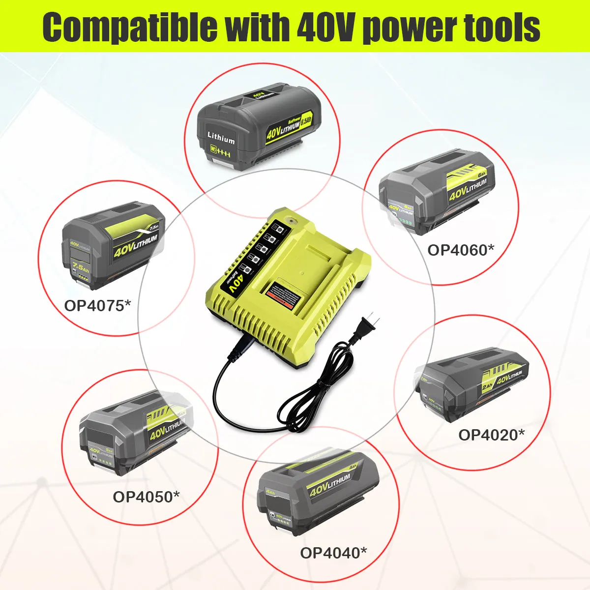 OP401 40V Rapid Battery Charger for Ryobi 40V Rapid Charger OP401, Compatible with Ryobi 40V 6Ah 5Ah 4Ah 3Ah 2.5Ah 2Ah Lithium Battery Fast Charger