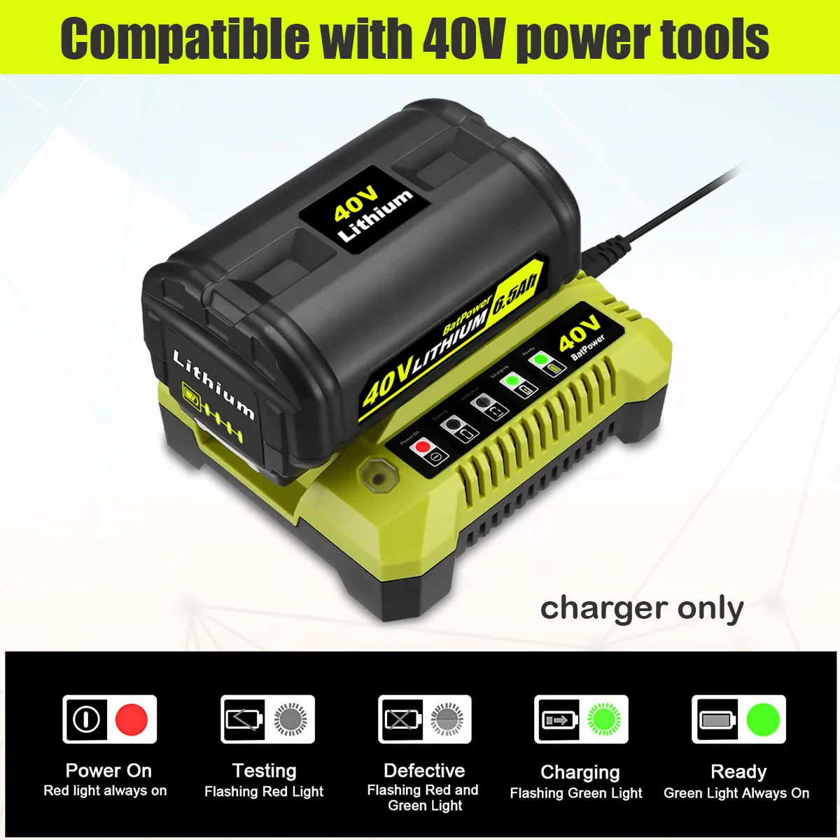 OP401 40V Rapid Battery Charger for Ryobi 40V Rapid Charger OP401, Compatible with Ryobi 40V 6Ah 5Ah 4Ah 3Ah 2.5Ah 2Ah Lithium Battery Fast Charger