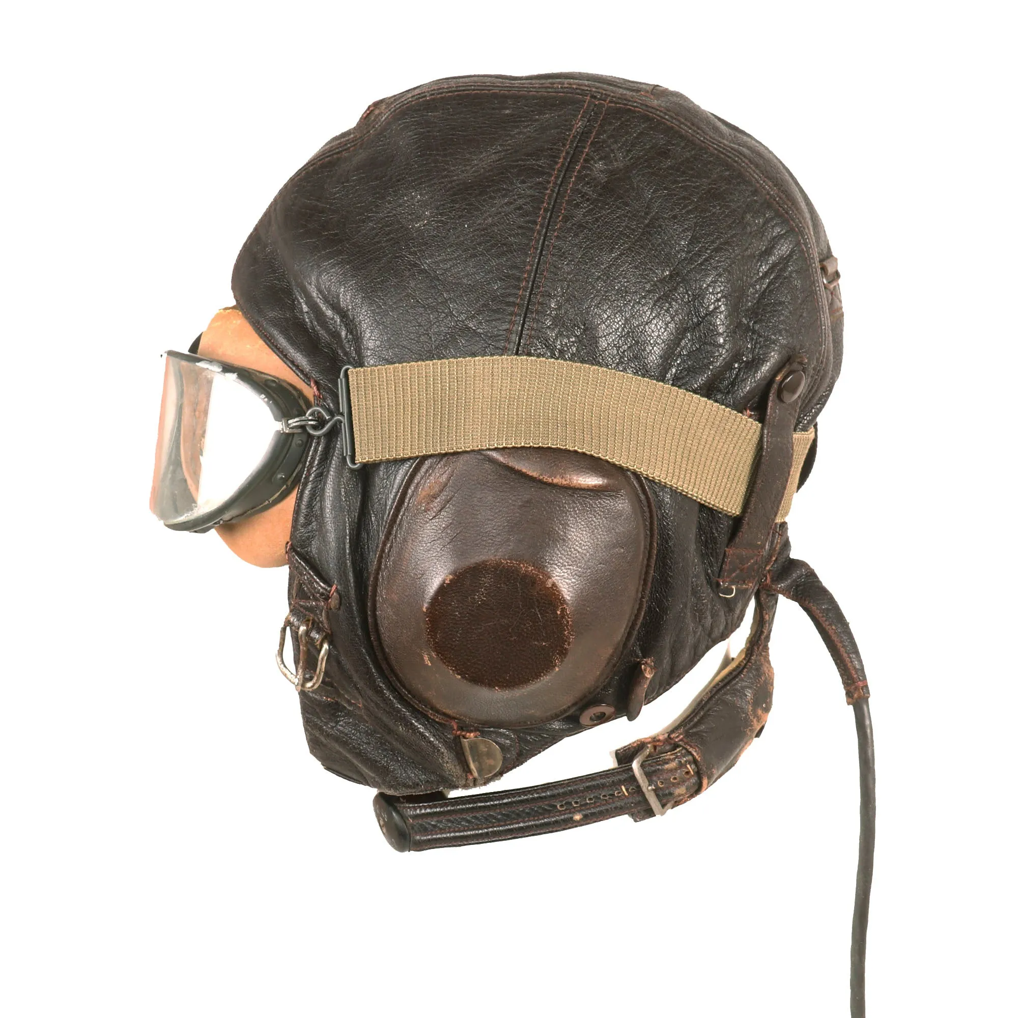 Original German WWII Luftwaffe LKpW101 Leather Winter Flying Helmet with Avionics & Goggles - Size 59cm