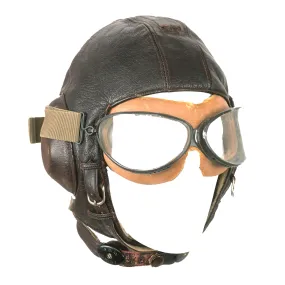 Original German WWII Luftwaffe LKpW101 Leather Winter Flying Helmet with Avionics & Goggles - Size 59cm