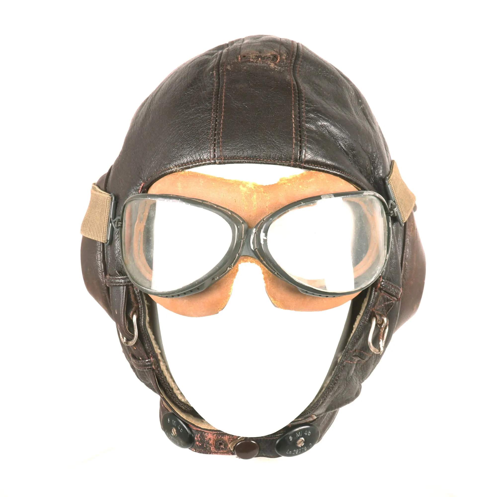 Original German WWII Luftwaffe LKpW101 Leather Winter Flying Helmet with Avionics & Goggles - Size 59cm