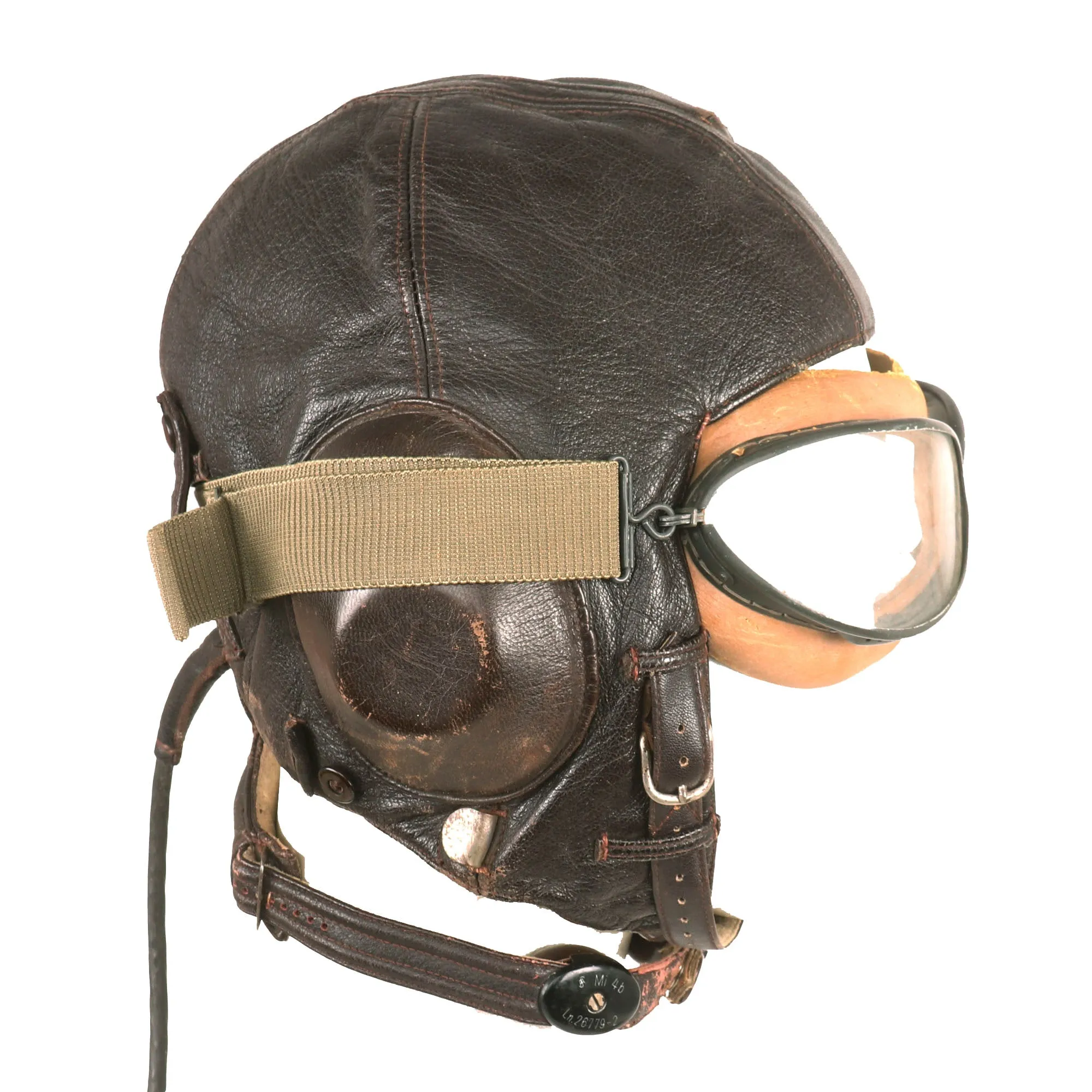 Original German WWII Luftwaffe LKpW101 Leather Winter Flying Helmet with Avionics & Goggles - Size 59cm