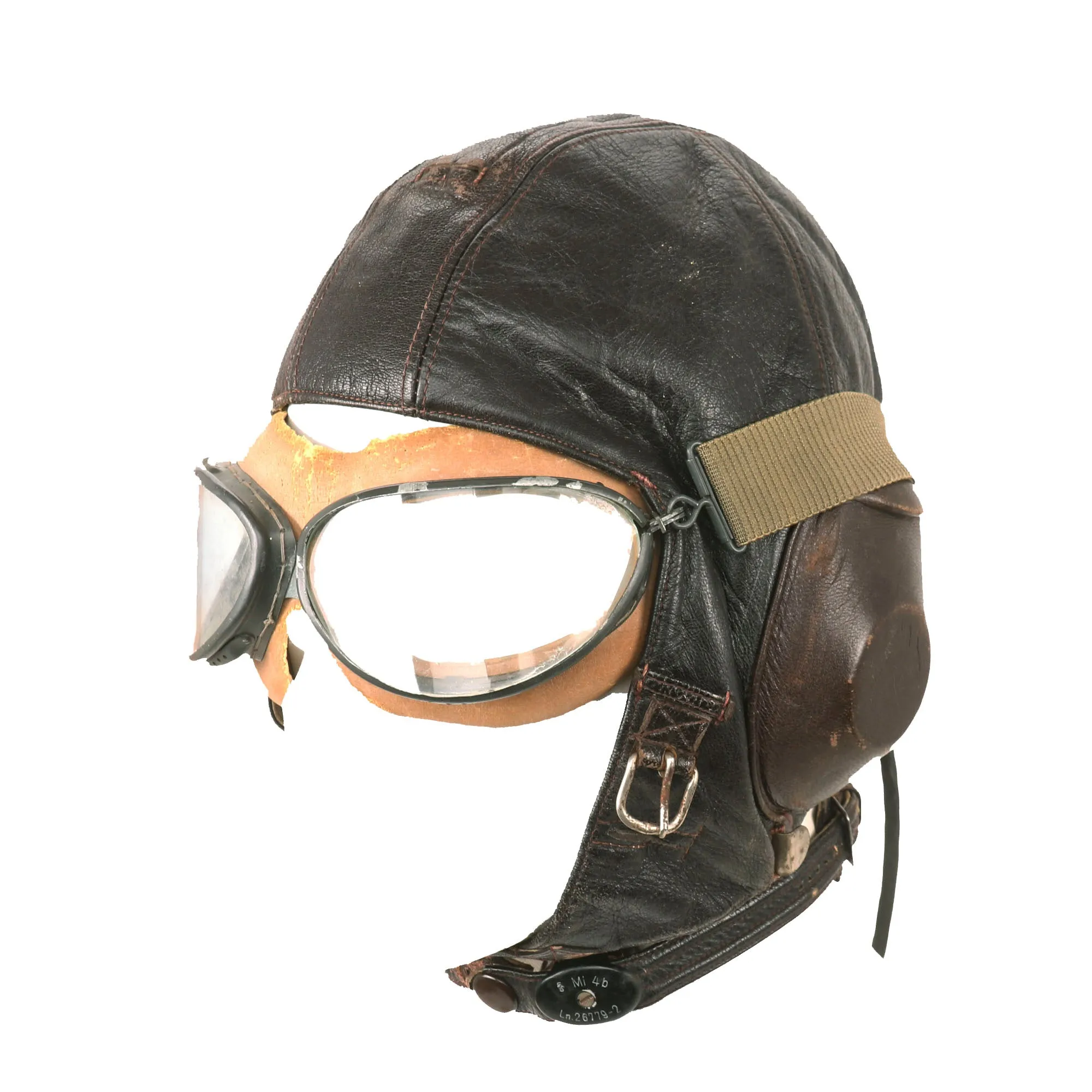 Original German WWII Luftwaffe LKpW101 Leather Winter Flying Helmet with Avionics & Goggles - Size 59cm