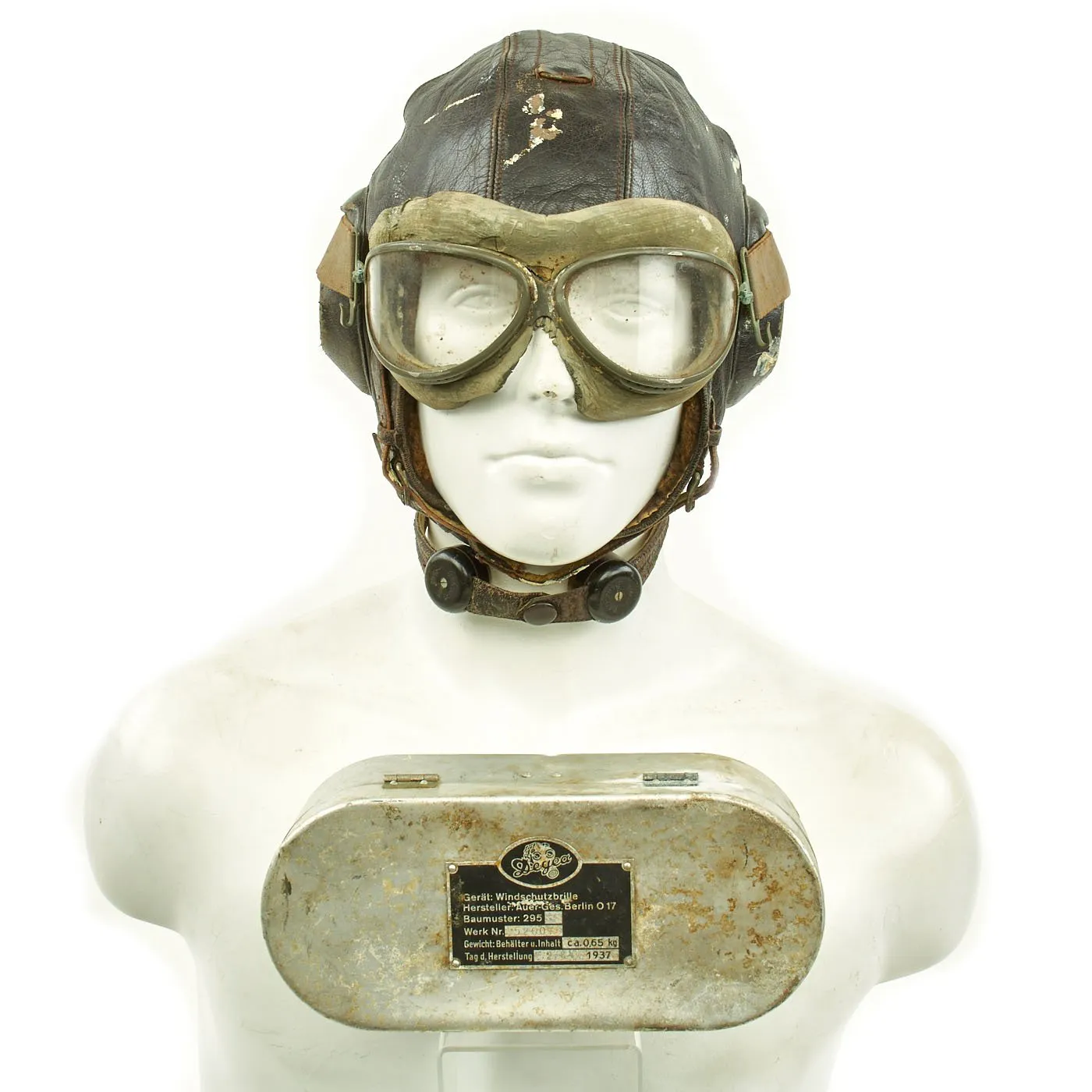 Original German WWII Luftwaffe LKpW101 Winter Flying Helmet with Type 295 Flight Goggles by Auer