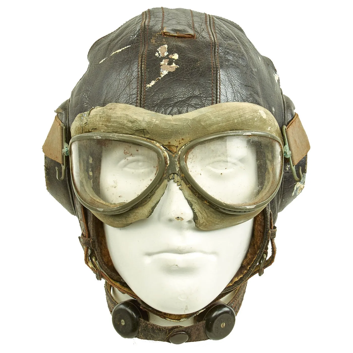 Original German WWII Luftwaffe LKpW101 Winter Flying Helmet with Type 295 Flight Goggles by Auer