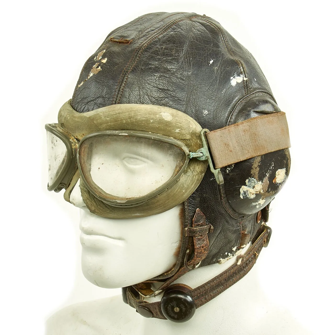 Original German WWII Luftwaffe LKpW101 Winter Flying Helmet with Type 295 Flight Goggles by Auer