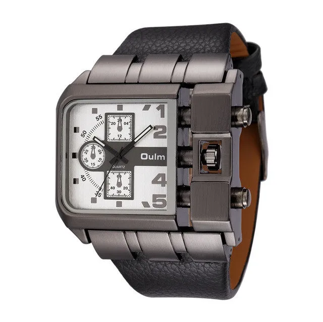 OULM Brand Original Unique Design Square Men Wristwatch Wide Big Dial Casual Leather Strap Quartz Watch Male Sport Watches