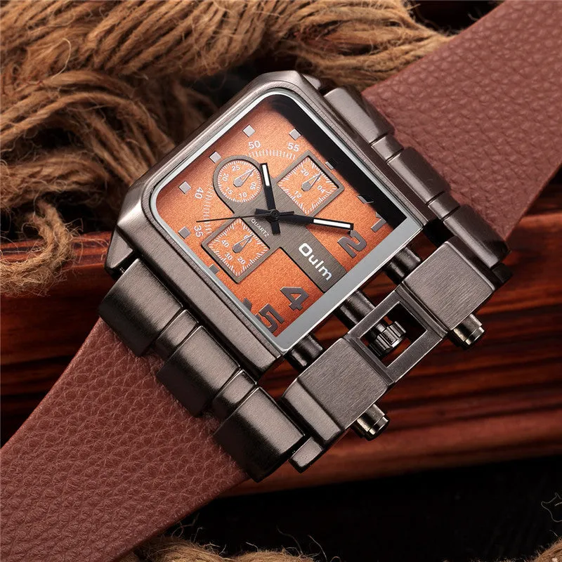 OULM Brand Original Unique Design Square Men Wristwatch Wide Big Dial Casual Leather Strap Quartz Watch Male Sport Watches