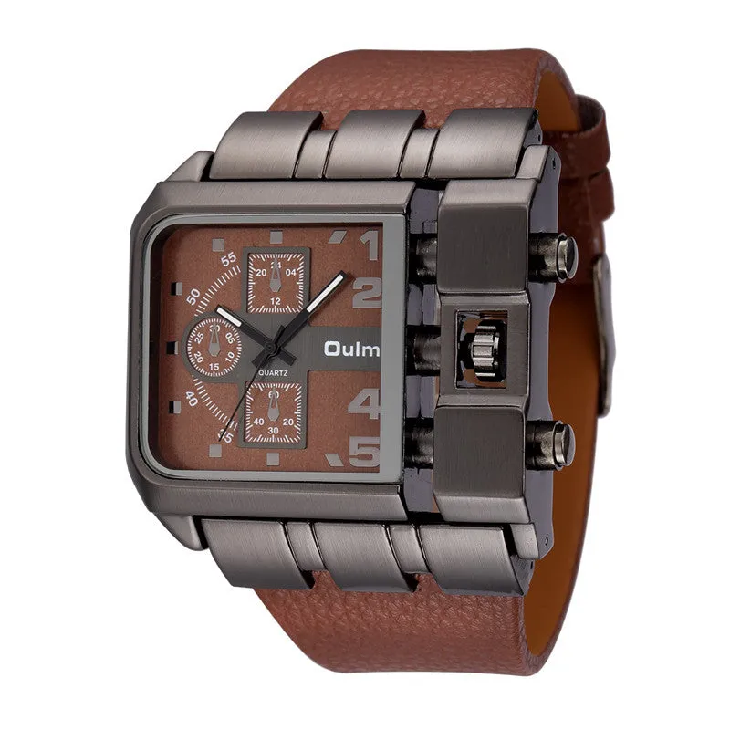 OULM Brand Original Unique Design Square Men Wristwatch Wide Big Dial Casual Leather Strap Quartz Watch Male Sport Watches