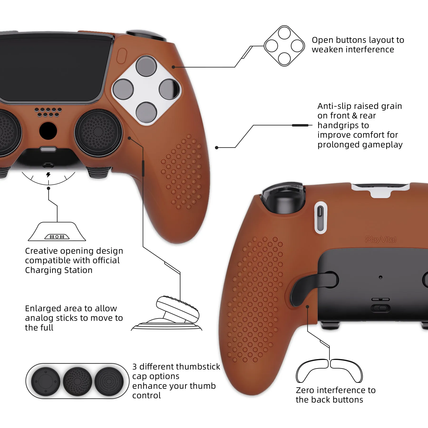 PlayVital 3D Studded Edition Anti-Slip Silicone Cover Case for ps5 Edge Controller, Soft Rubber Protector Skin for ps5 Edge Wireless Controller with 6 Thumb Grip Caps - Signal Brown - ETPFP016