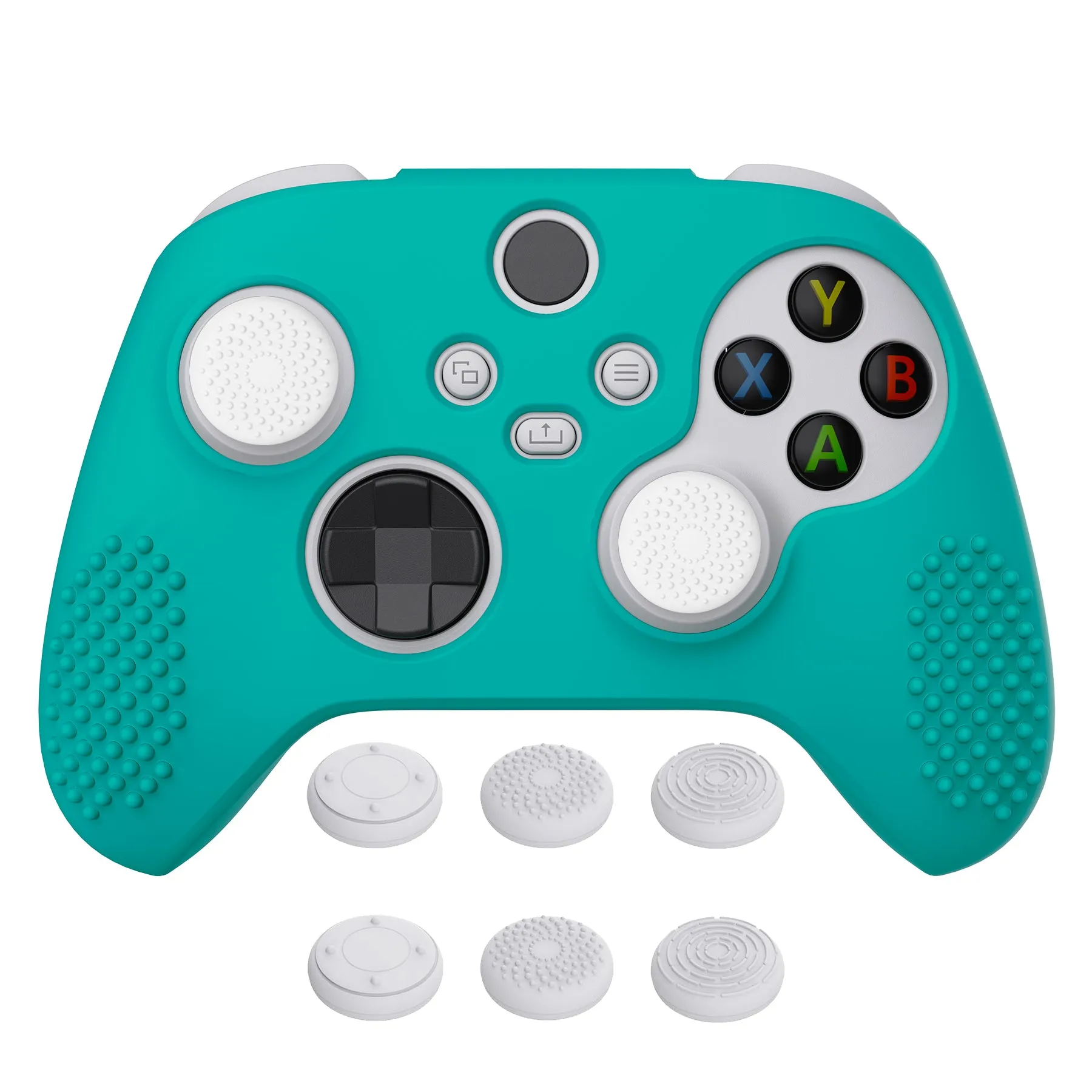 PlayVital Aqua Green 3D Studded Edition Anti-slip Silicone Cover Skin for Xbox Series X Controller, Soft Rubber Case Protector for Xbox Series S Controller with 6 White Thumb Grip Caps - SDX3010