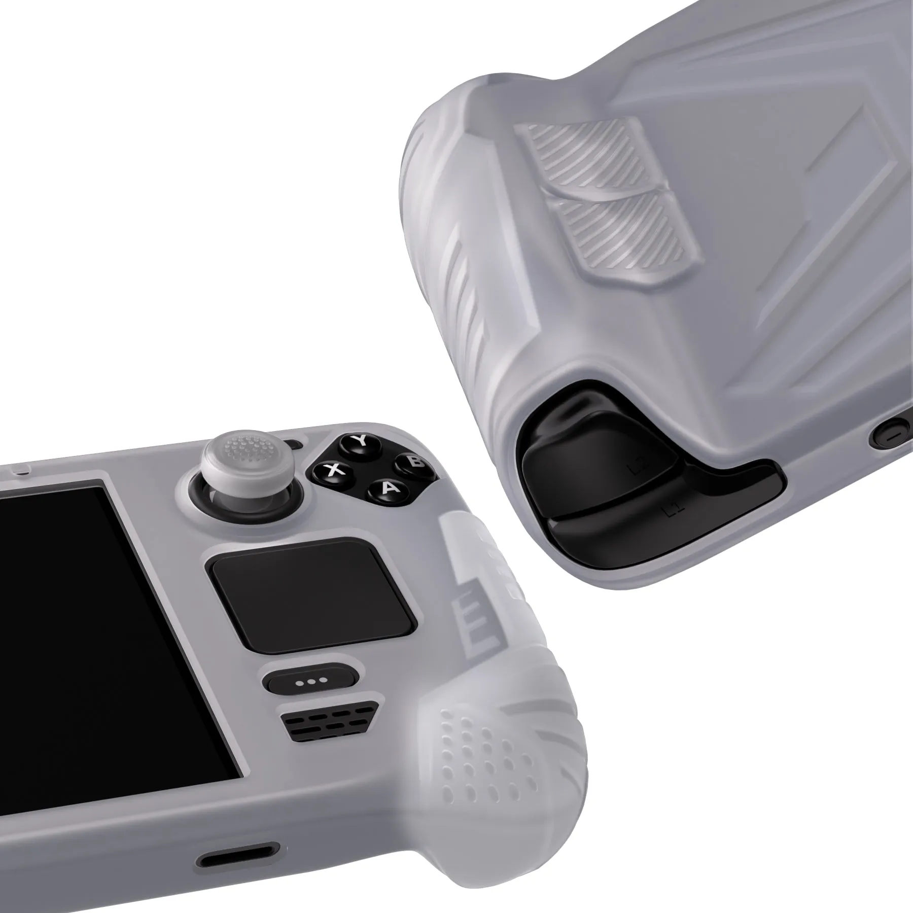 PlayVital Armor Series Protective Case for Steam Deck LCD, Soft Cover Silicone Protector for Steam Deck with Back Button Enhancement Designed & Thumb Grips Caps - Clear White - XFSDP003