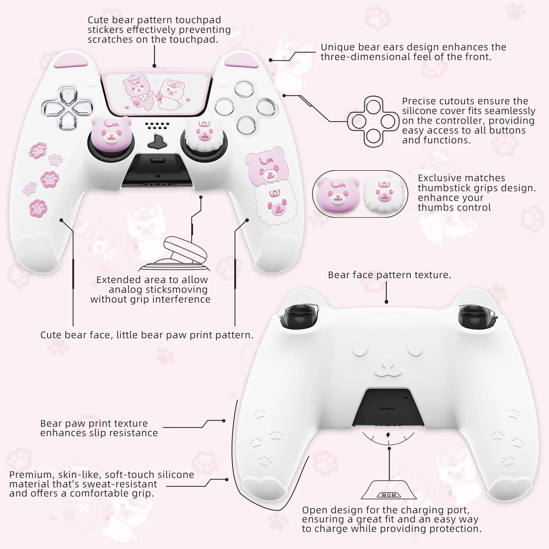 PlayVital Cute Bear Controller Silicone Case for ps5, Kawaii Controller Cover Compatible with Charging Station, Gamepad Skin Protector for ps5 with Touch Pad Sticker & Thumb Grips - White & Pink - UYBPFP003