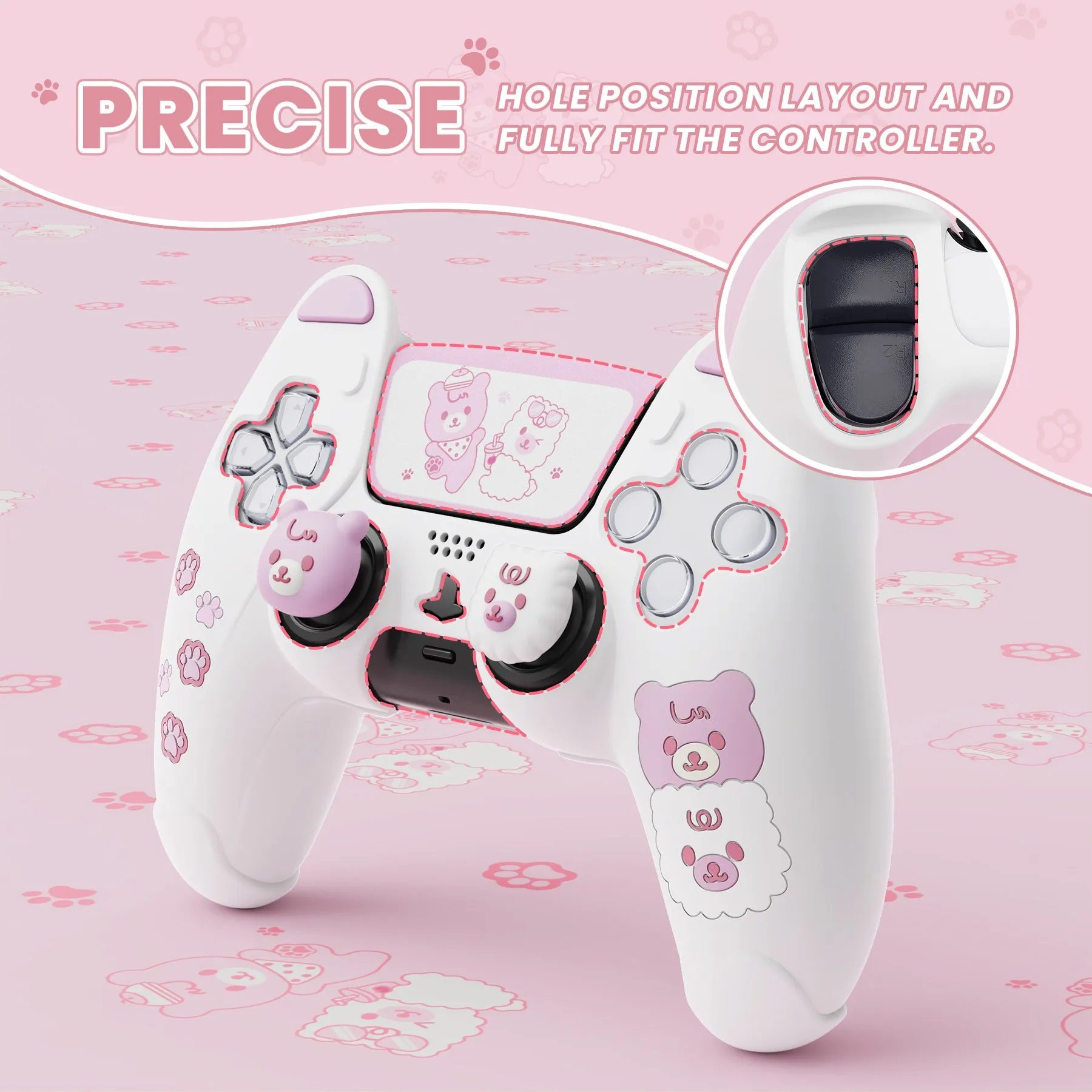 PlayVital Cute Bear Controller Silicone Case for ps5, Kawaii Controller Cover Compatible with Charging Station, Gamepad Skin Protector for ps5 with Touch Pad Sticker & Thumb Grips - White & Pink - UYBPFP003