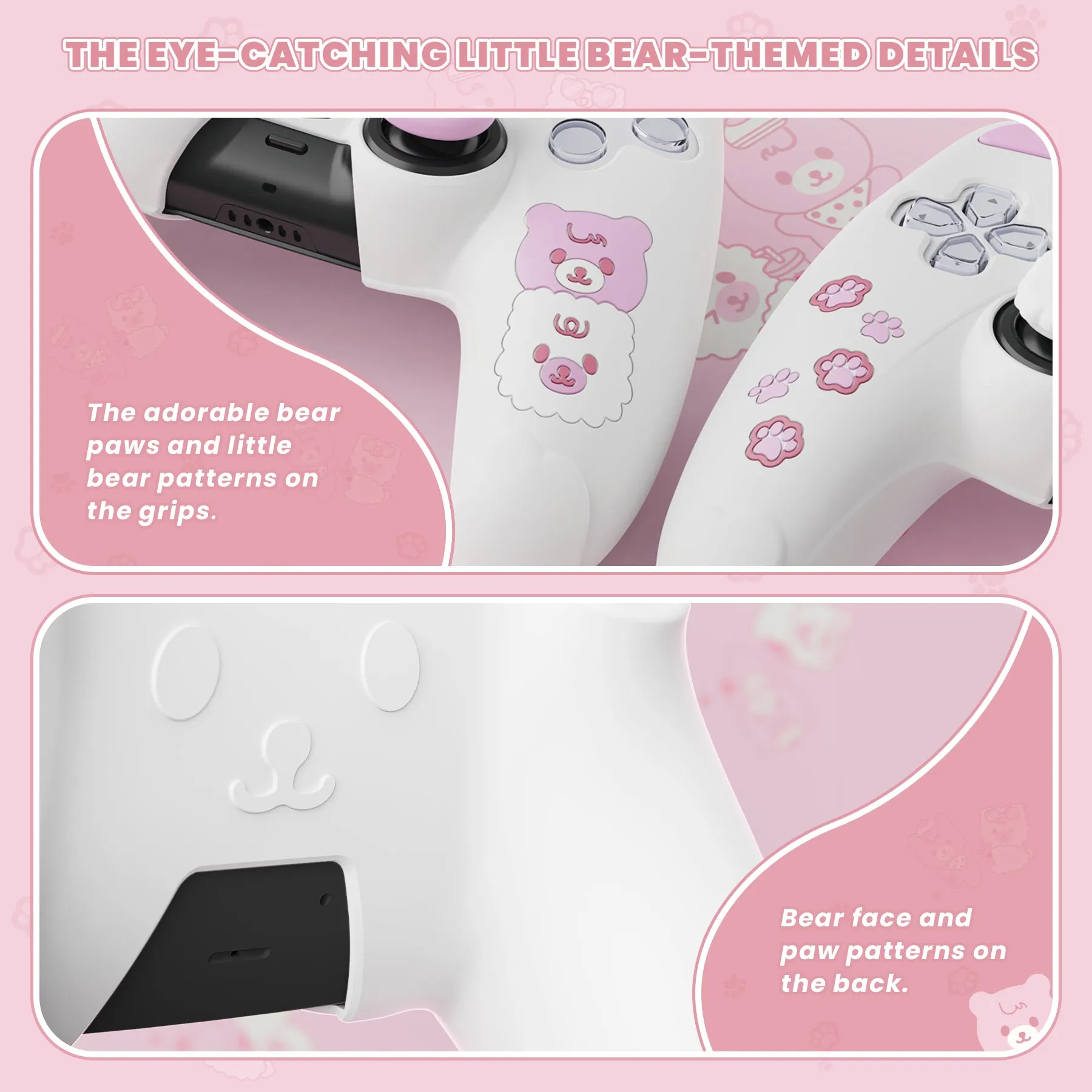 PlayVital Cute Bear Controller Silicone Case for ps5, Kawaii Controller Cover Compatible with Charging Station, Gamepad Skin Protector for ps5 with Touch Pad Sticker & Thumb Grips - White & Pink - UYBPFP003