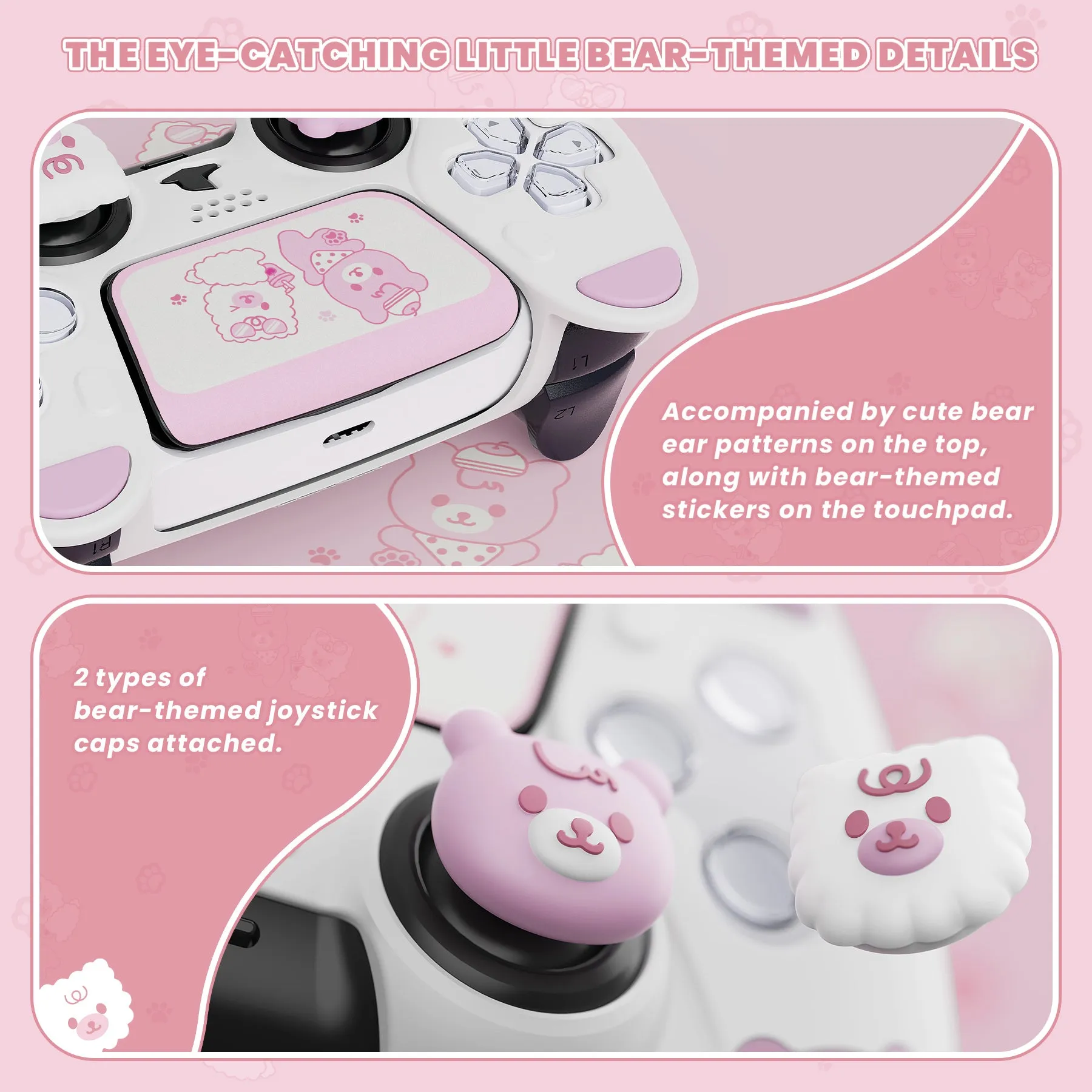 PlayVital Cute Bear Controller Silicone Case for ps5, Kawaii Controller Cover Compatible with Charging Station, Gamepad Skin Protector for ps5 with Touch Pad Sticker & Thumb Grips - White & Pink - UYBPFP003