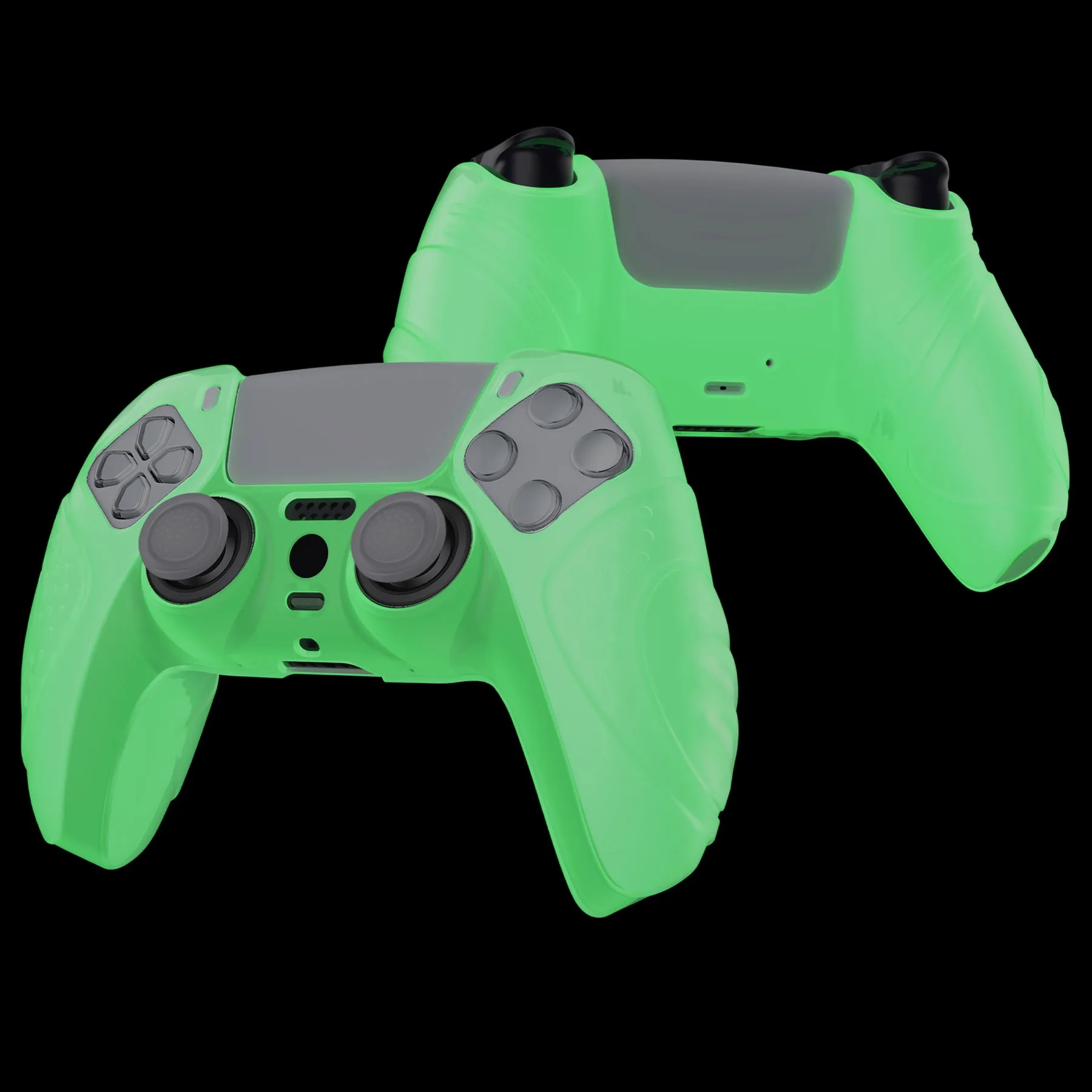 PlayVital Glow in Dark - Green Ergonomic Soft Anti-slip Controller Silicone Case Cover, Rubber Protector Skins with Black Joystick Caps for PS5 Controller - YHPF024