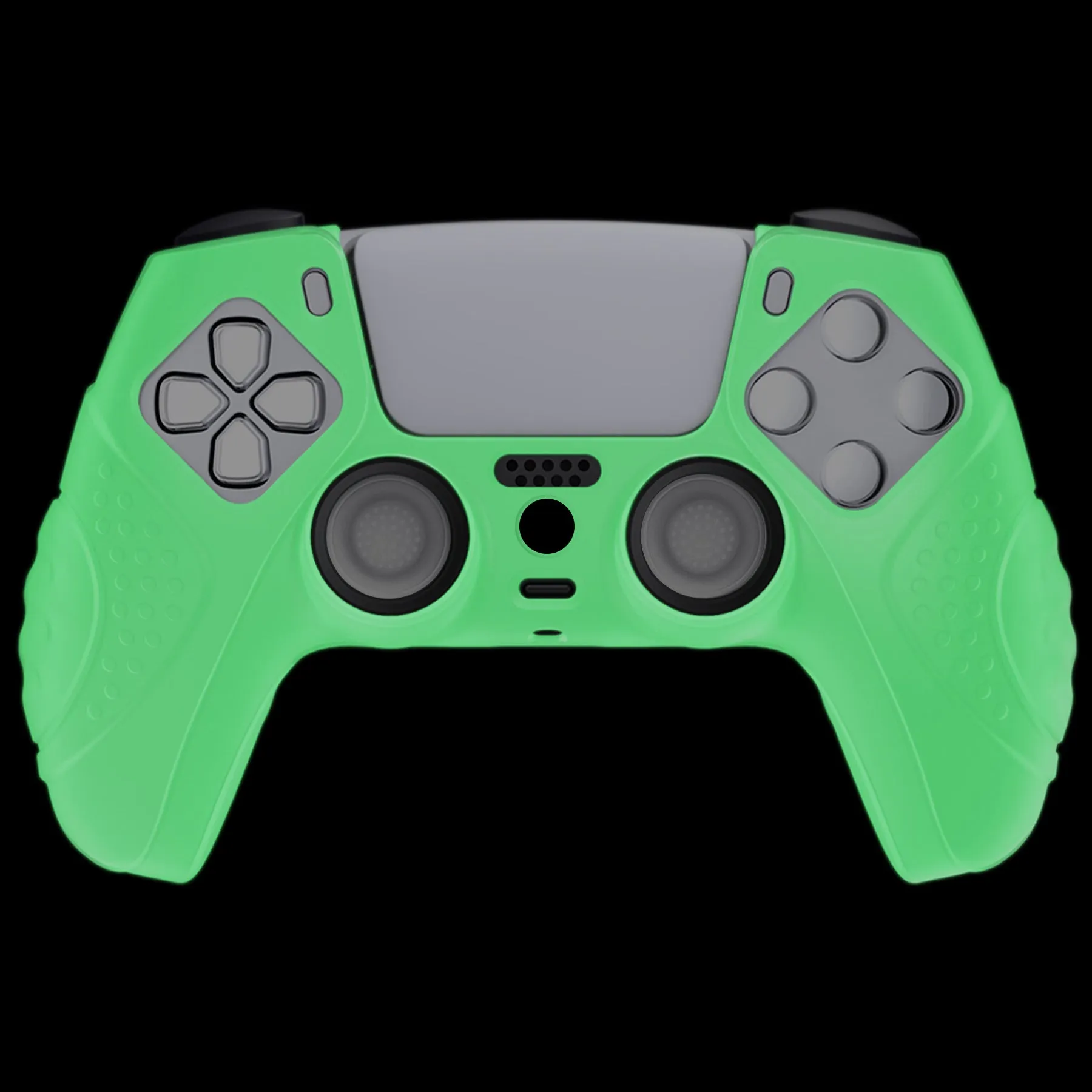 PlayVital Glow in Dark - Green Ergonomic Soft Anti-slip Controller Silicone Case Cover, Rubber Protector Skins with Black Joystick Caps for PS5 Controller - YHPF024