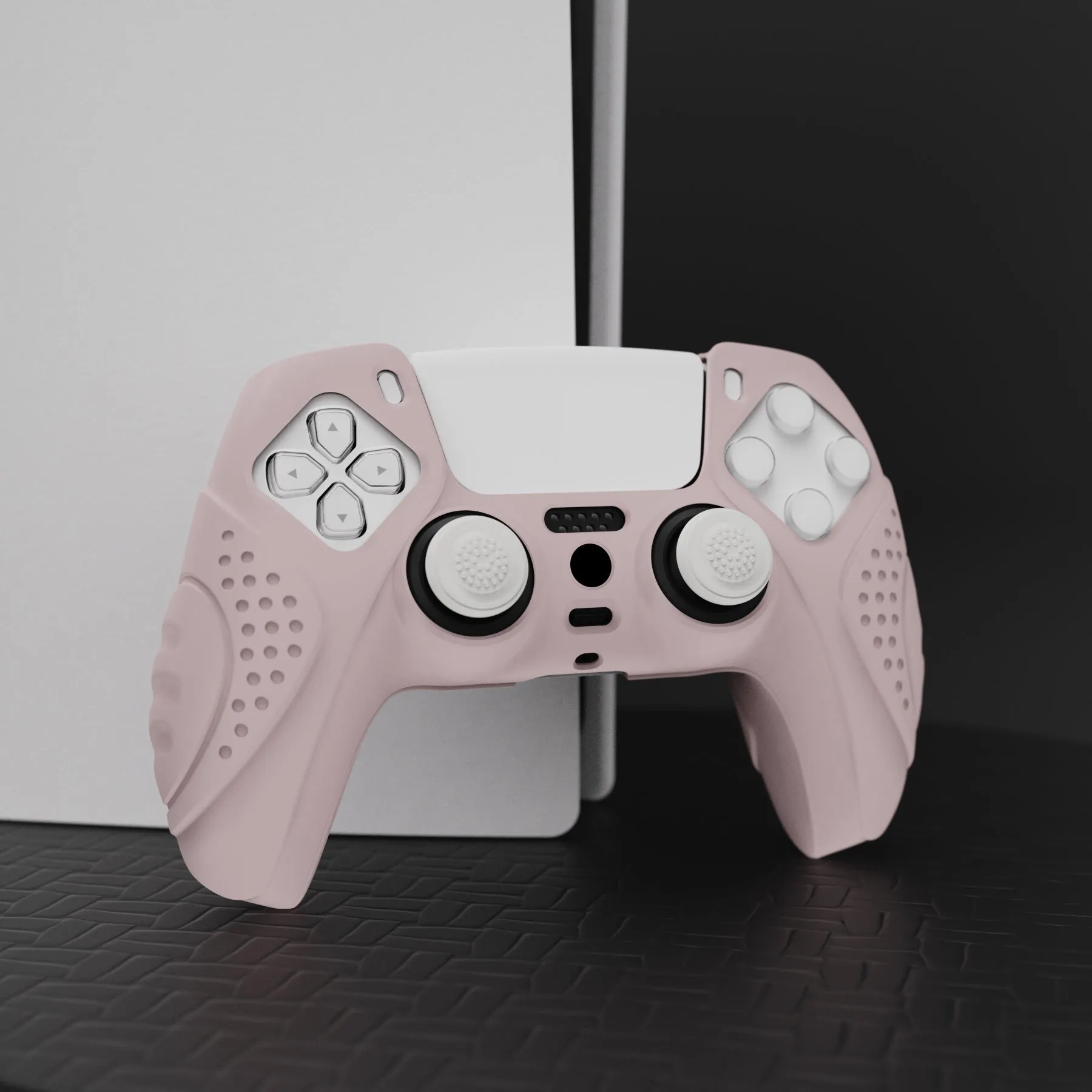 PlayVital Guardian Edition Pink Ergonomic Soft Anti-slip Controller Silicone Case Cover, Rubber Protector Skins with White Joystick Caps for PS5 Controller - YHPF005