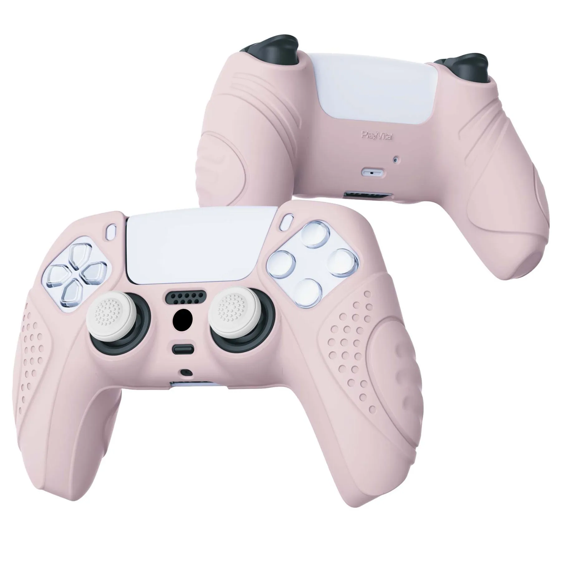 PlayVital Guardian Edition Pink Ergonomic Soft Anti-slip Controller Silicone Case Cover, Rubber Protector Skins with White Joystick Caps for PS5 Controller - YHPF005