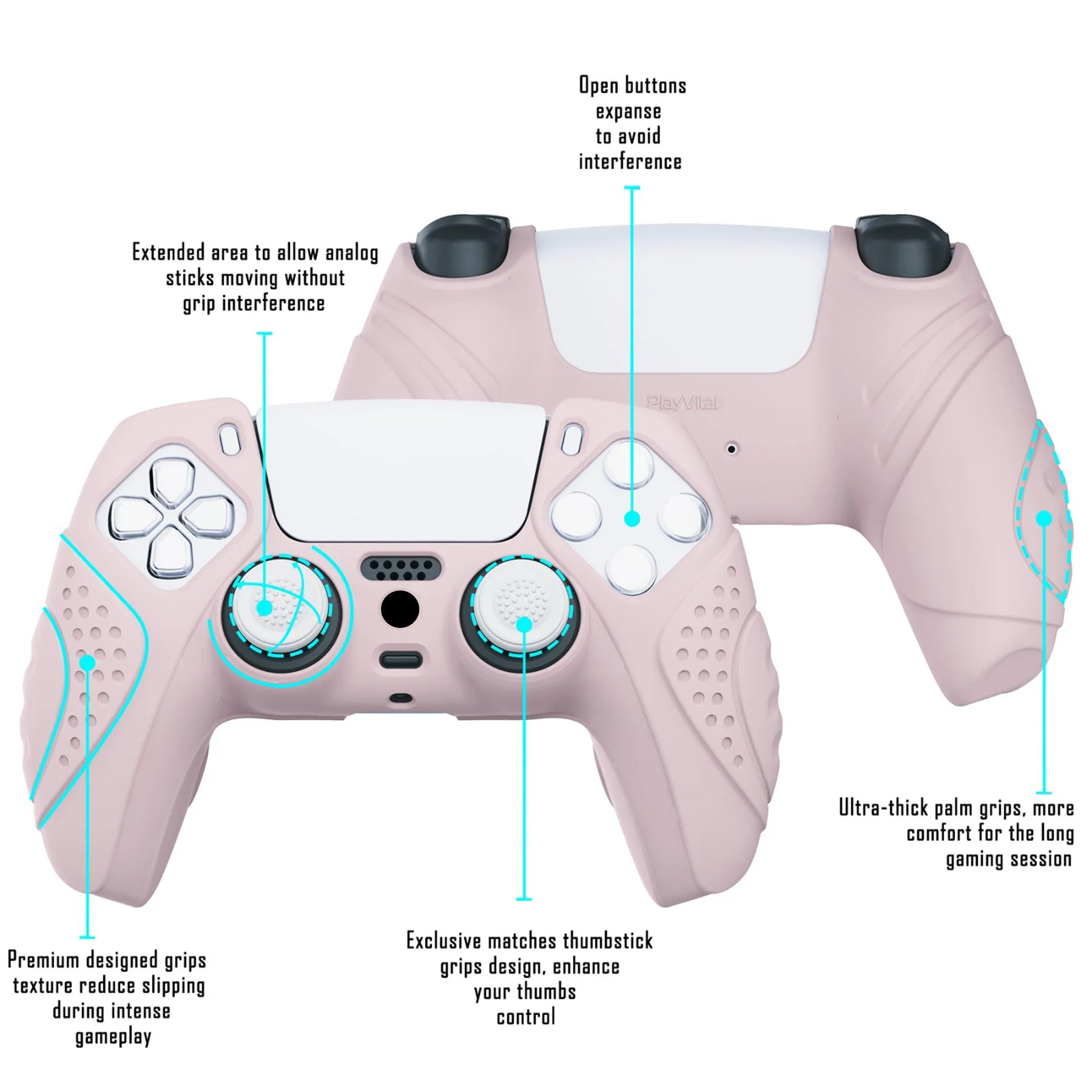 PlayVital Guardian Edition Pink Ergonomic Soft Anti-slip Controller Silicone Case Cover, Rubber Protector Skins with White Joystick Caps for PS5 Controller - YHPF005