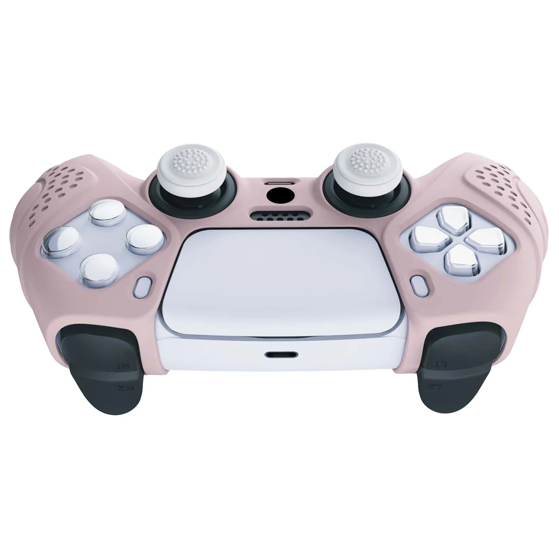 PlayVital Guardian Edition Pink Ergonomic Soft Anti-slip Controller Silicone Case Cover, Rubber Protector Skins with White Joystick Caps for PS5 Controller - YHPF005