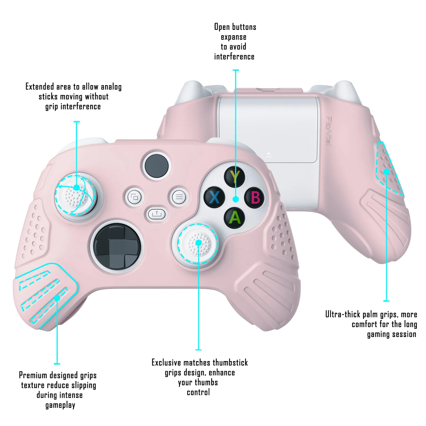 PlayVital Guardian Edition Pink Ergonomic Soft Anti-slip Controller Silicone Case Cover, Rubber Protector Skins with White Joystick Caps for Xbox Series S and Xbox Series X Controller - HCX3005