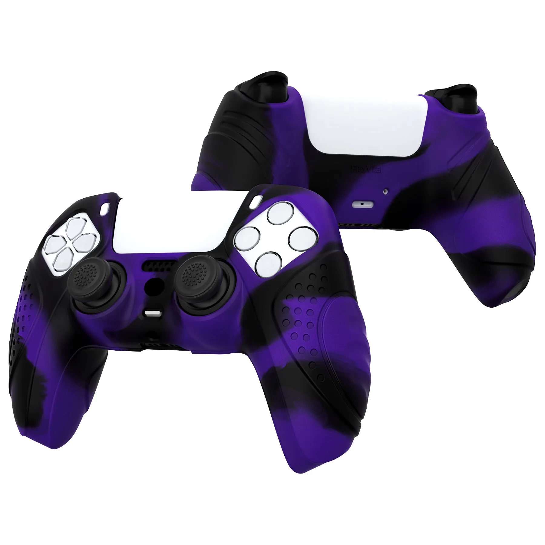 PlayVital Guardian Edition Purple & Black Ergonomic Soft Anti-slip Controller Silicone Case Cover, Rubber Protector Skins with Black Joystick Caps for PS5 Controller - YHPF030