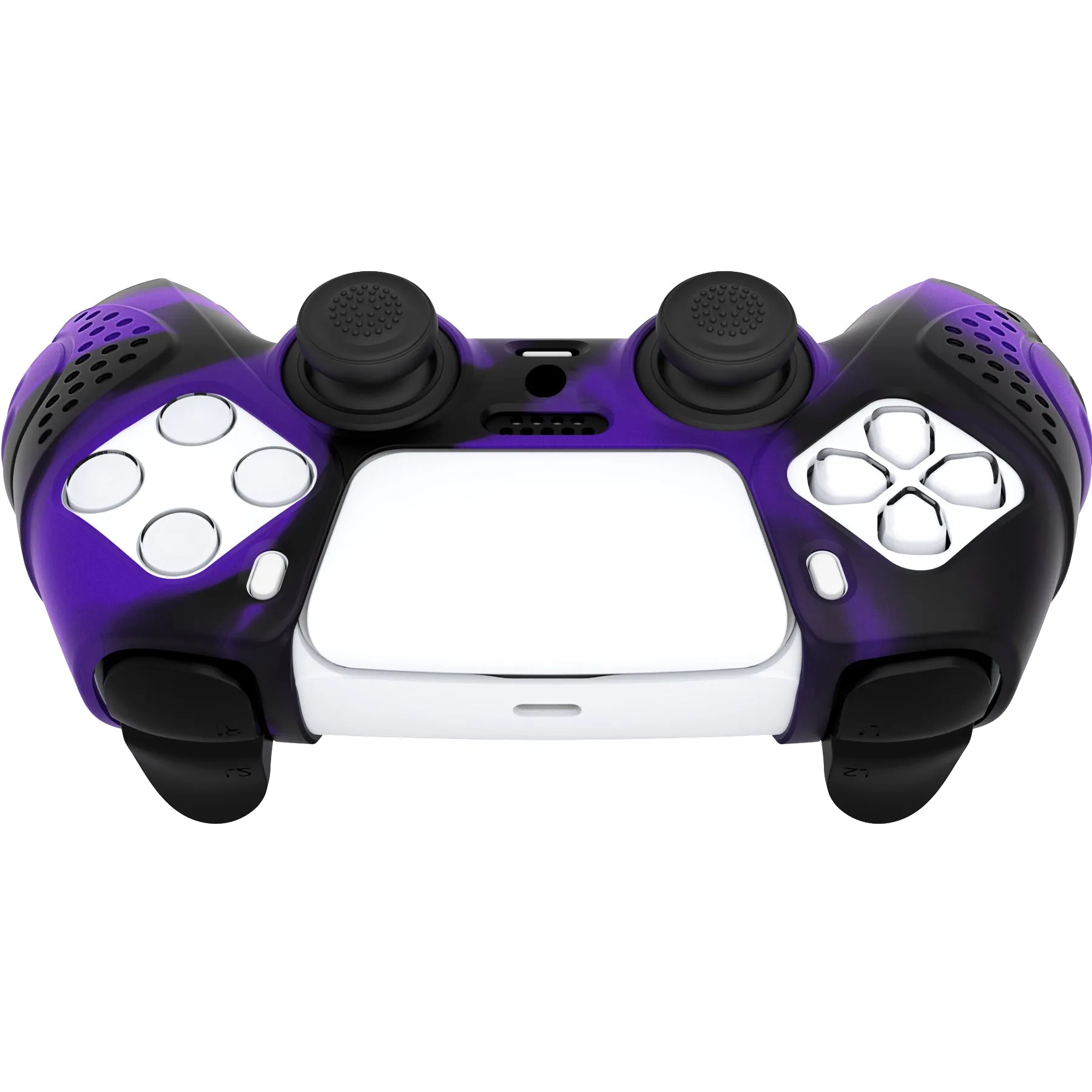 PlayVital Guardian Edition Purple & Black Ergonomic Soft Anti-slip Controller Silicone Case Cover, Rubber Protector Skins with Black Joystick Caps for PS5 Controller - YHPF030