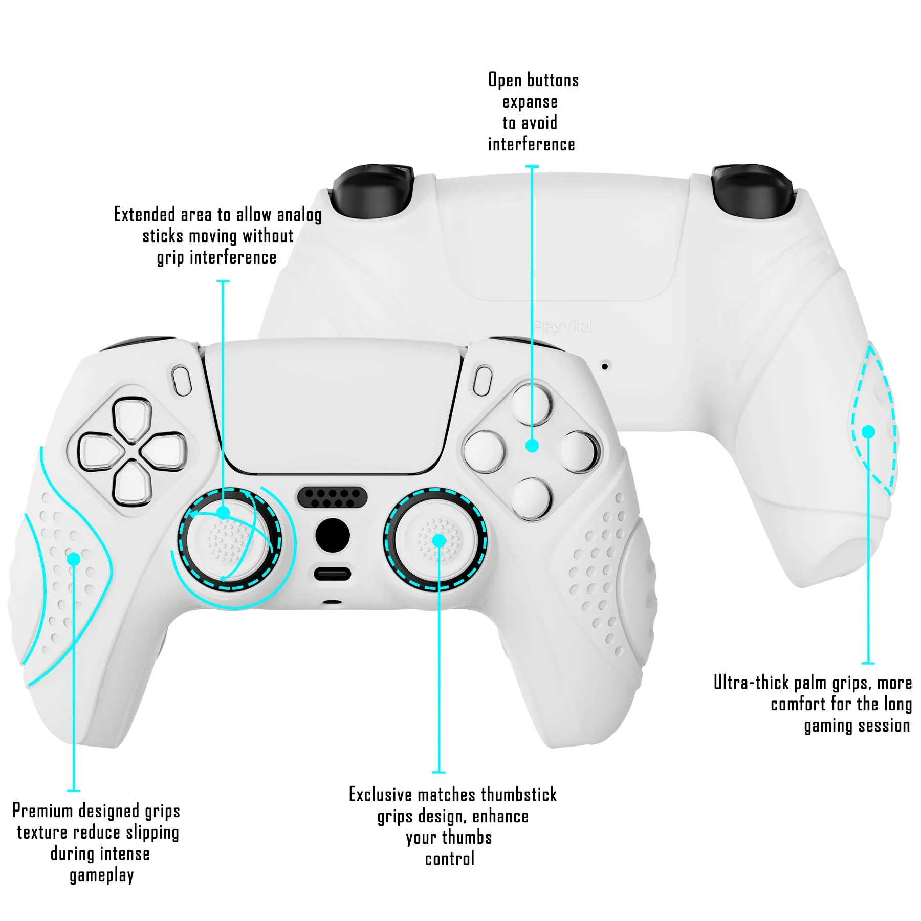 PlayVital Guardian Edition White Ergonomic Soft Anti-slip Controller Silicone Case Cover, Rubber Protector Skins with White Joystick Caps for PS5 Controller - YHPF002