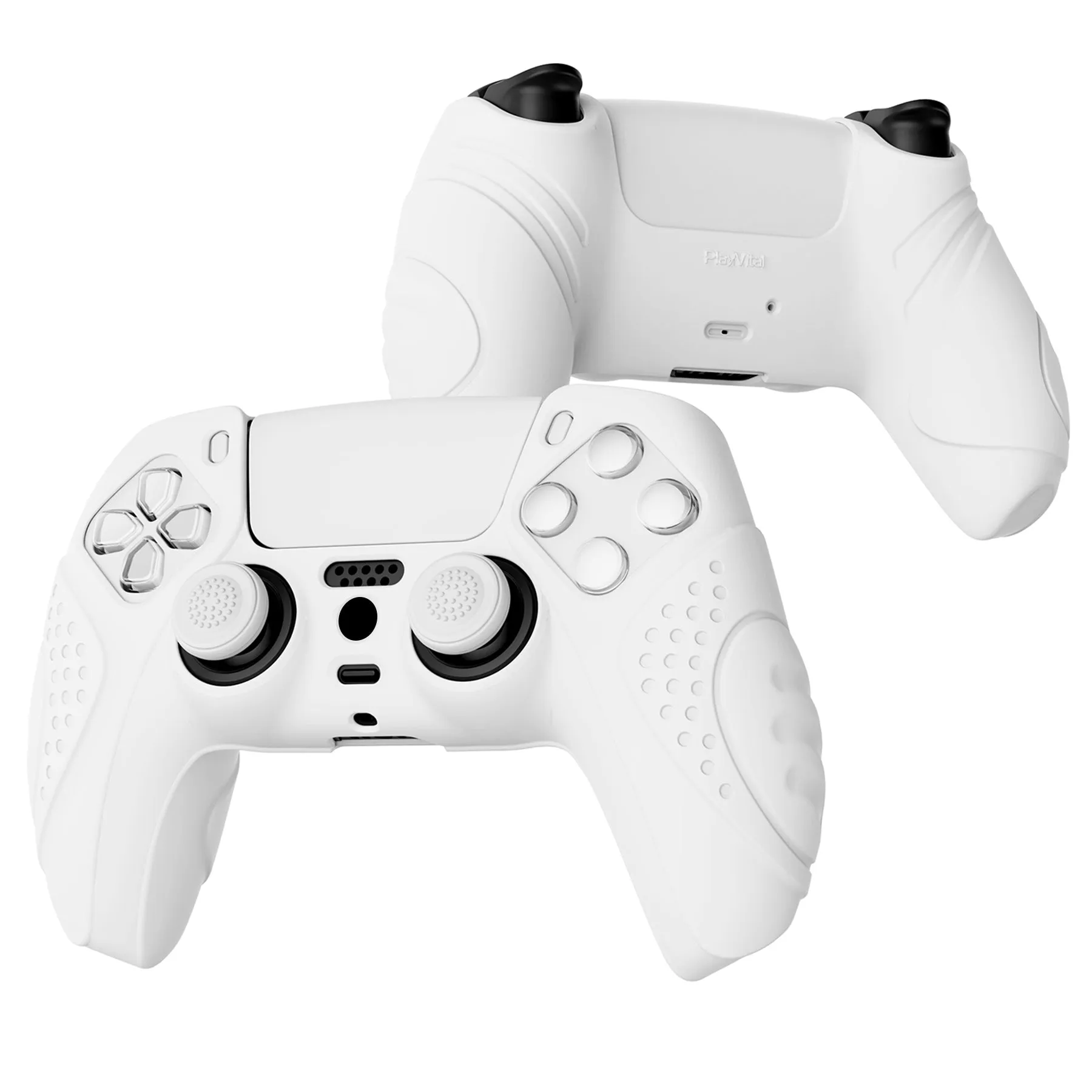 PlayVital Guardian Edition White Ergonomic Soft Anti-slip Controller Silicone Case Cover, Rubber Protector Skins with White Joystick Caps for PS5 Controller - YHPF002