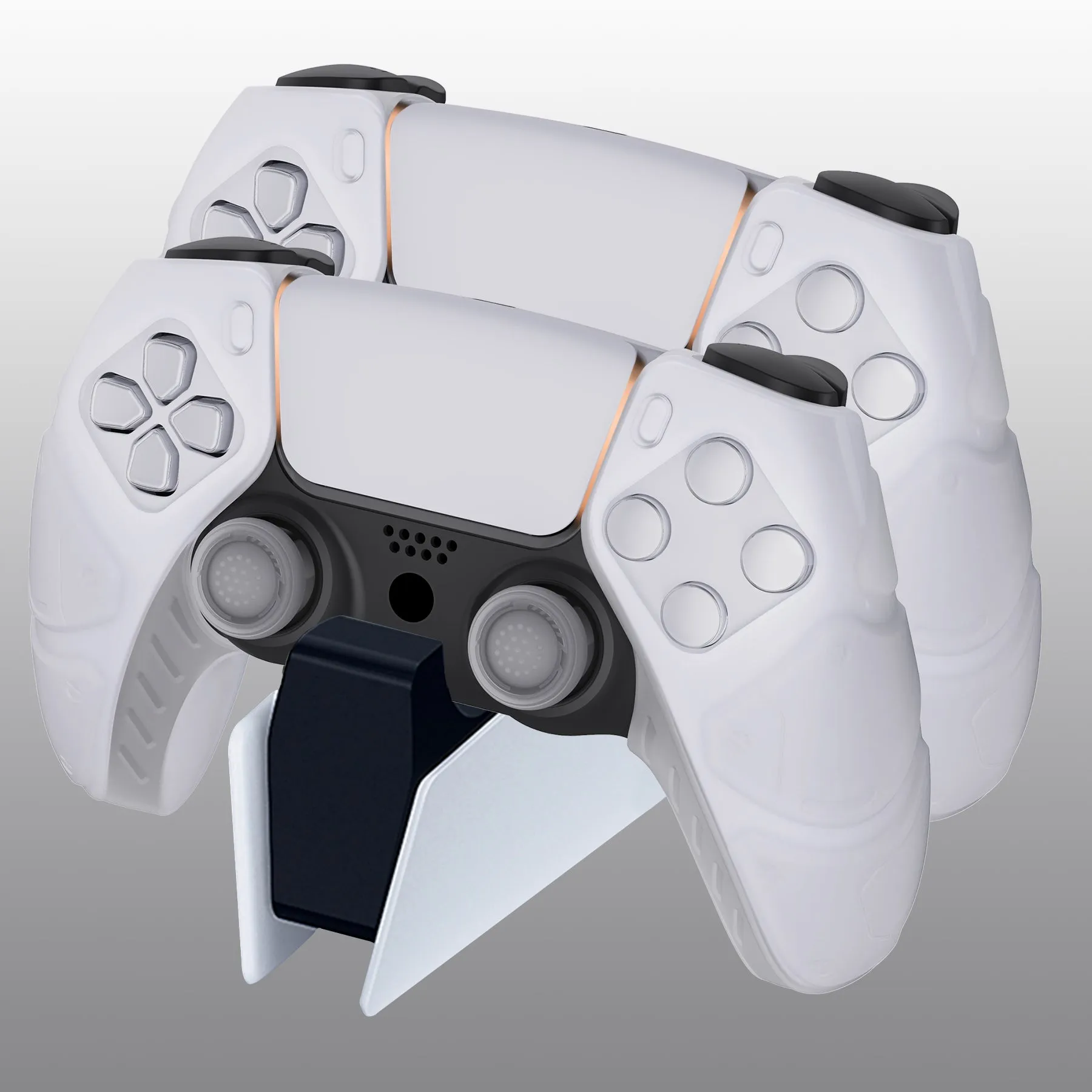 PlayVital Mecha Edition Clear White Ergonomic Soft Controller Silicone Case Grips for PS5 Controller, Rubber Protector Skins with Thumbstick Caps for PS5 Controller - Compatible with Charging Station - JGPF010