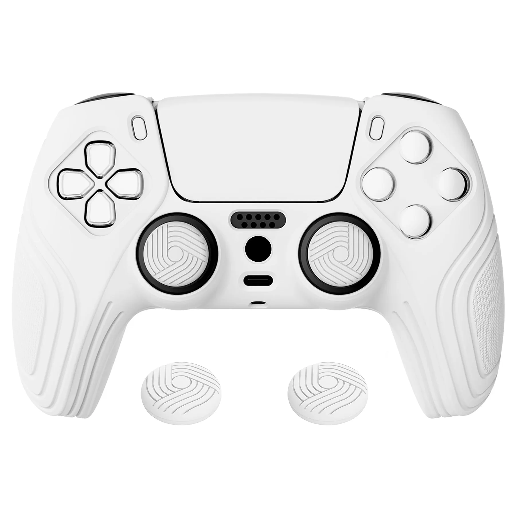 PlayVital Samurai Edition White Anti-slip Controller Grip Silicone Skin, Ergonomic Soft Rubber Protective Case Cover for PlayStation 5 PS5 Controller with White Thumb Stick Caps - BWPF002