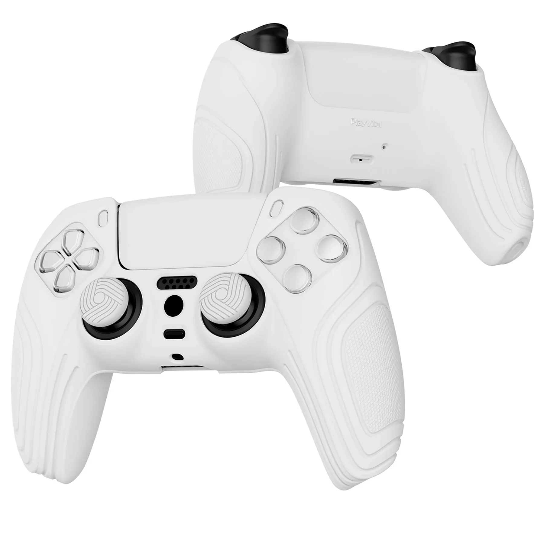 PlayVital Samurai Edition White Anti-slip Controller Grip Silicone Skin, Ergonomic Soft Rubber Protective Case Cover for PlayStation 5 PS5 Controller with White Thumb Stick Caps - BWPF002