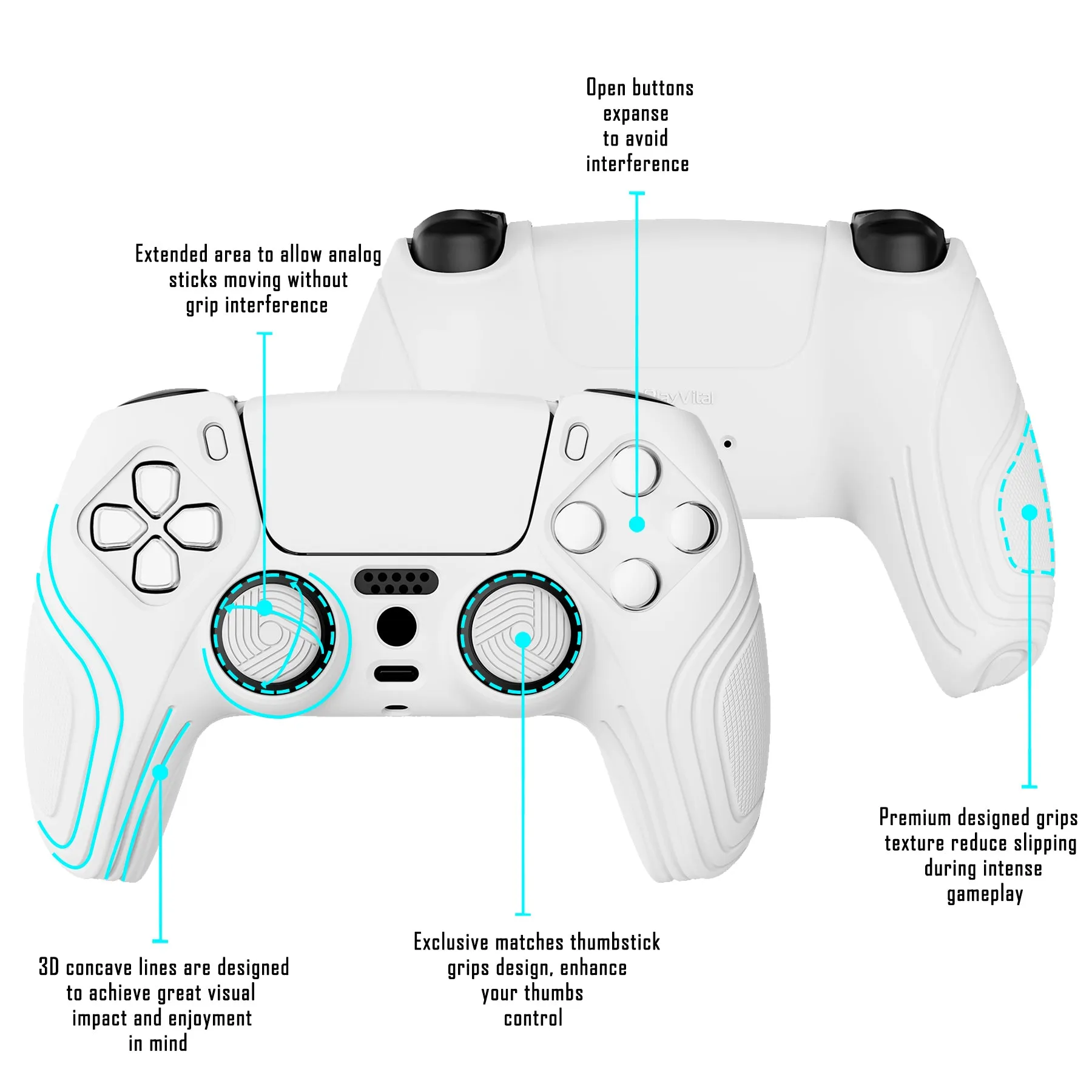 PlayVital Samurai Edition White Anti-slip Controller Grip Silicone Skin, Ergonomic Soft Rubber Protective Case Cover for PlayStation 5 PS5 Controller with White Thumb Stick Caps - BWPF002