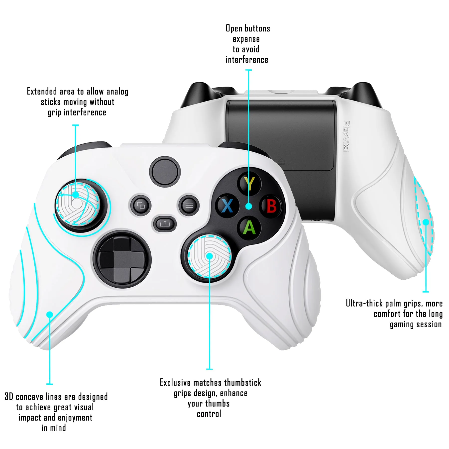 PlayVital Samurai Edition White Anti-slip Controller Grip Silicone Skin, Ergonomic Soft Rubber Protective Case Cover for Xbox Series S/X Controller Model 1914 with White Thumb Stick Caps - WAX3002