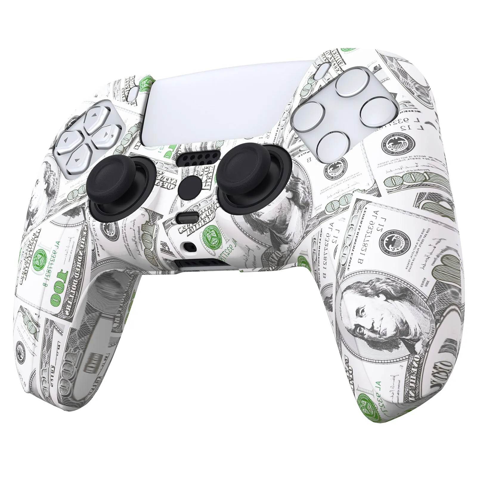 PlayVital Water Transfer Printing Carving Skull Patterned Anti-Slip Silicone Cover Skin Soft Rubber Case Protector for PS5 Controller with 6 Thumb Grip Caps - 100 Cash Money Dollar - KOPF035