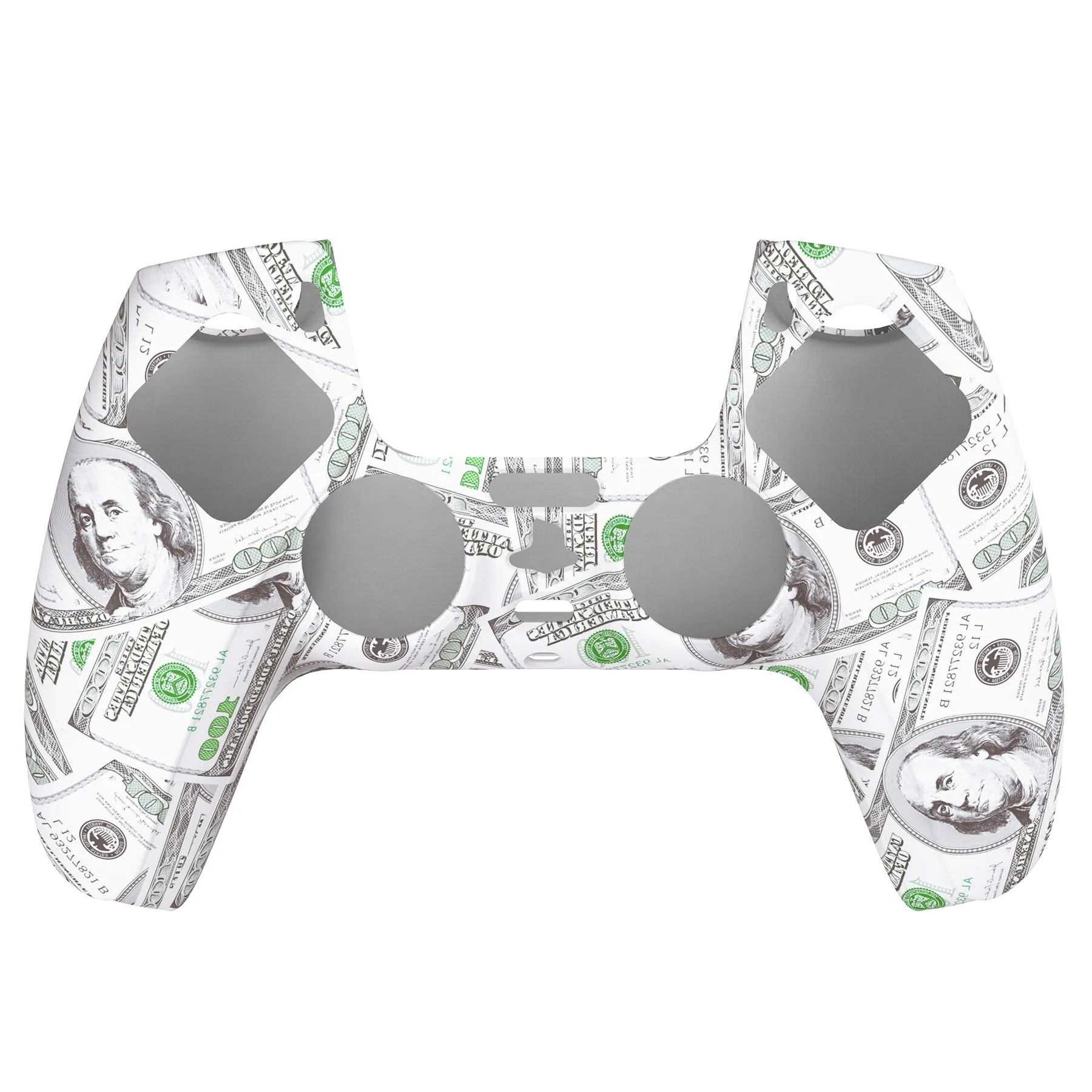 PlayVital Water Transfer Printing Carving Skull Patterned Anti-Slip Silicone Cover Skin Soft Rubber Case Protector for PS5 Controller with 6 Thumb Grip Caps - 100 Cash Money Dollar - KOPF035