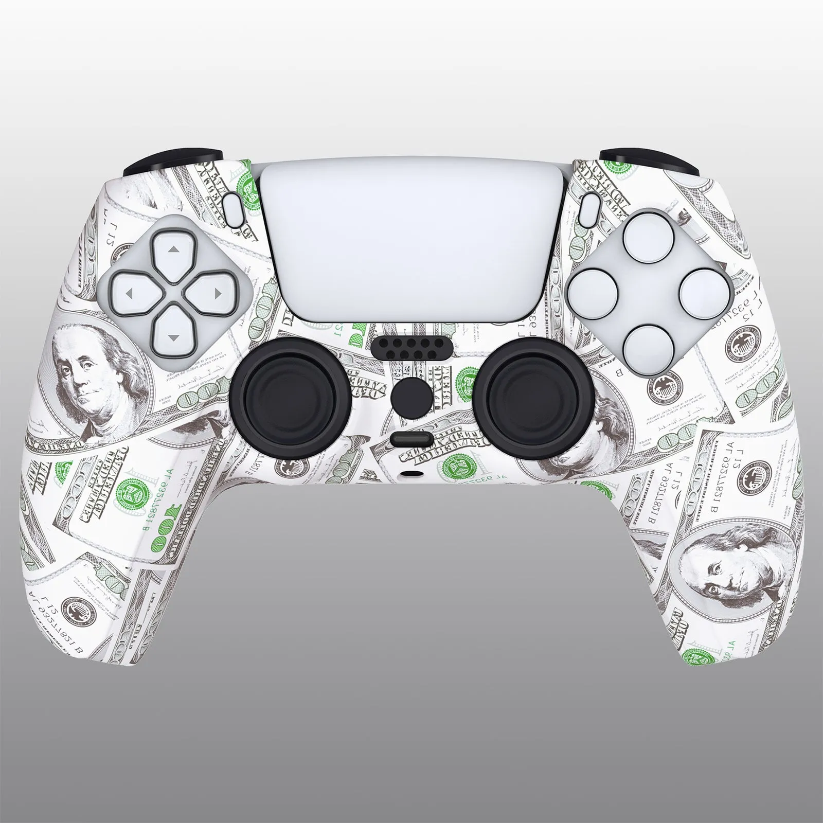 PlayVital Water Transfer Printing Carving Skull Patterned Anti-Slip Silicone Cover Skin Soft Rubber Case Protector for PS5 Controller with 6 Thumb Grip Caps - 100 Cash Money Dollar - KOPF035