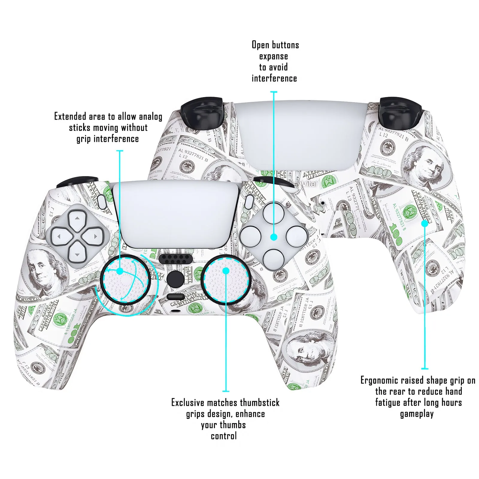 PlayVital Water Transfer Printing Carving Skull Patterned Anti-Slip Silicone Cover Skin Soft Rubber Case Protector for PS5 Controller with 6 Thumb Grip Caps - 100 Cash Money Dollar - KOPF035