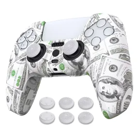 PlayVital Water Transfer Printing Carving Skull Patterned Anti-Slip Silicone Cover Skin Soft Rubber Case Protector for PS5 Controller with 6 Thumb Grip Caps - 100 Cash Money Dollar - KOPF035