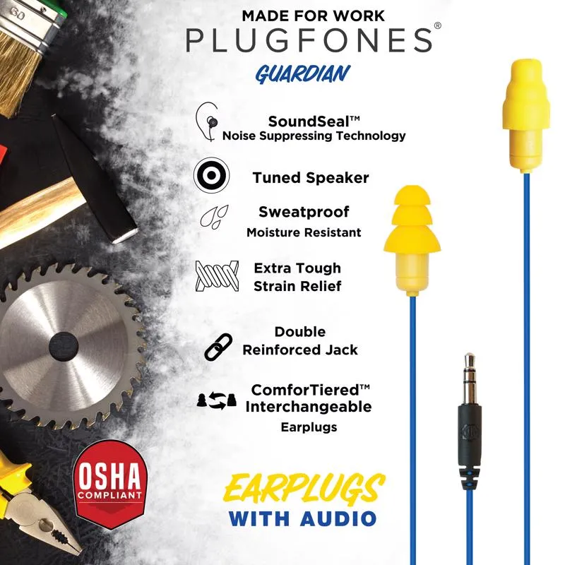 Plugfones Guardian 29 dB Nylon/Silicone/Soft Foam 3.5 MM Jack Earplugs/Earphones Yellow 1 pair