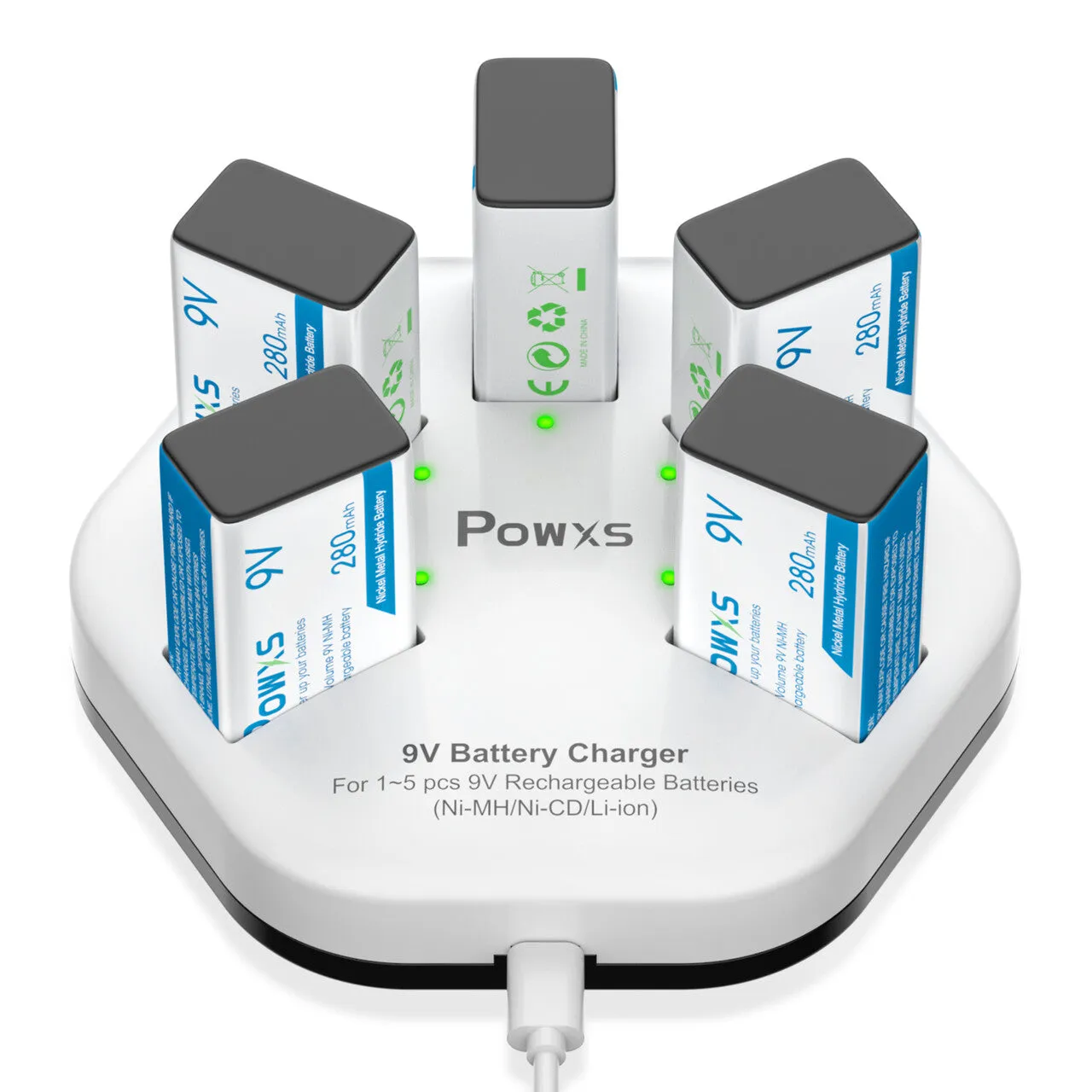 POWXS 9V Charger and 280mAh 9V Ni-MH Rechargeable Batteries