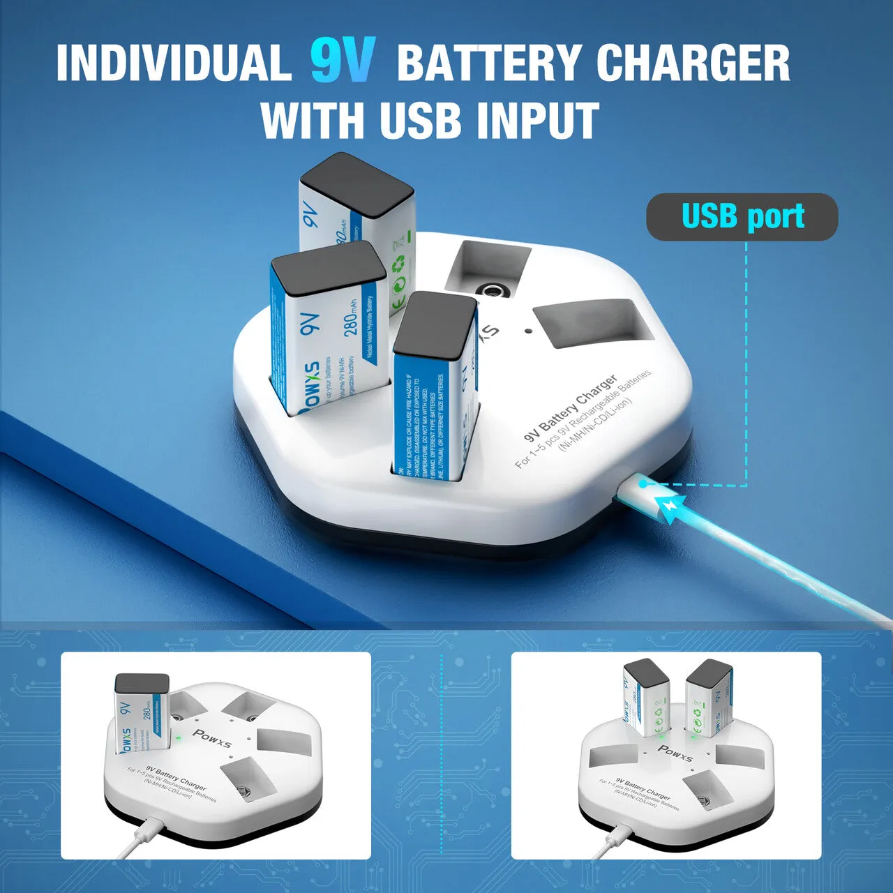 POWXS 9V Charger and 280mAh 9V Ni-MH Rechargeable Batteries