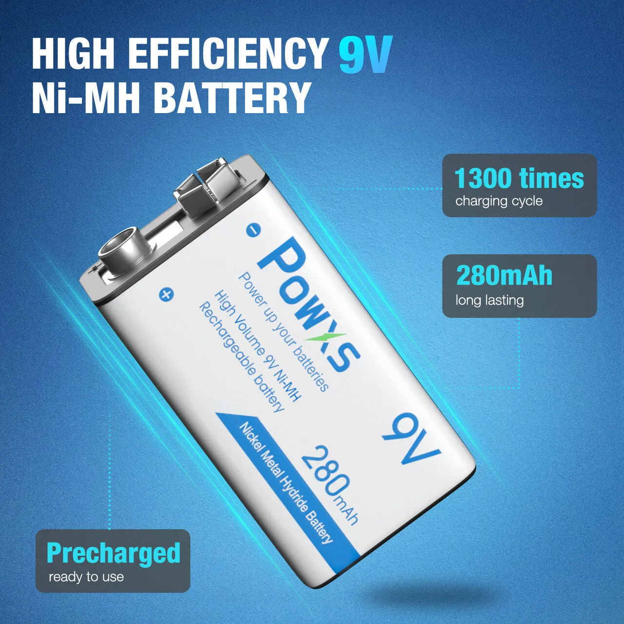 POWXS 9V Charger and 280mAh 9V Ni-MH Rechargeable Batteries