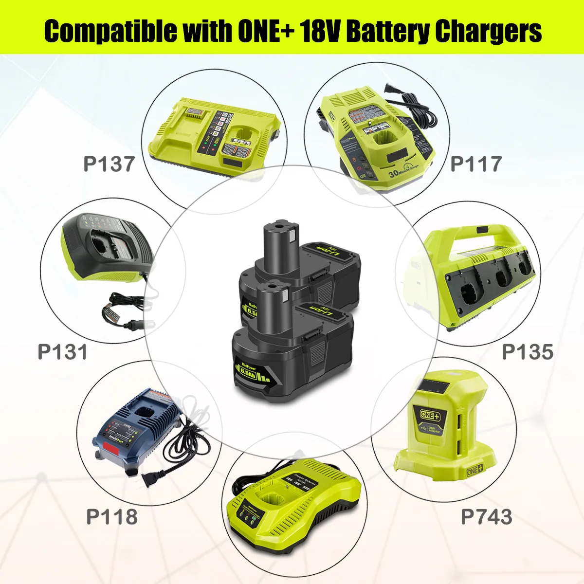 RB18L50 6.5Ah 18 Volt Lithium-Ion High Capacity Battery for Ryobi 18V 5.0Ah Battery RB18L50 Compatible with Ryobi 18 Volt ONE  Battery 5Ah 4Ah 3Ah