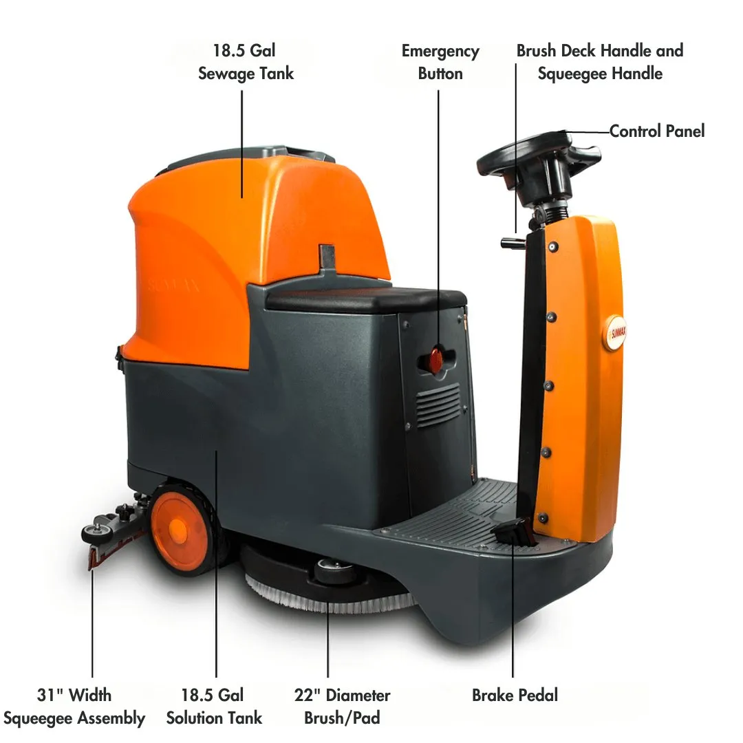 RT70  Ride-On Floor Scrubber Machine, Lithium Battery, 22" Cleaning Path, 48000 Sqft/h Working Efficiency