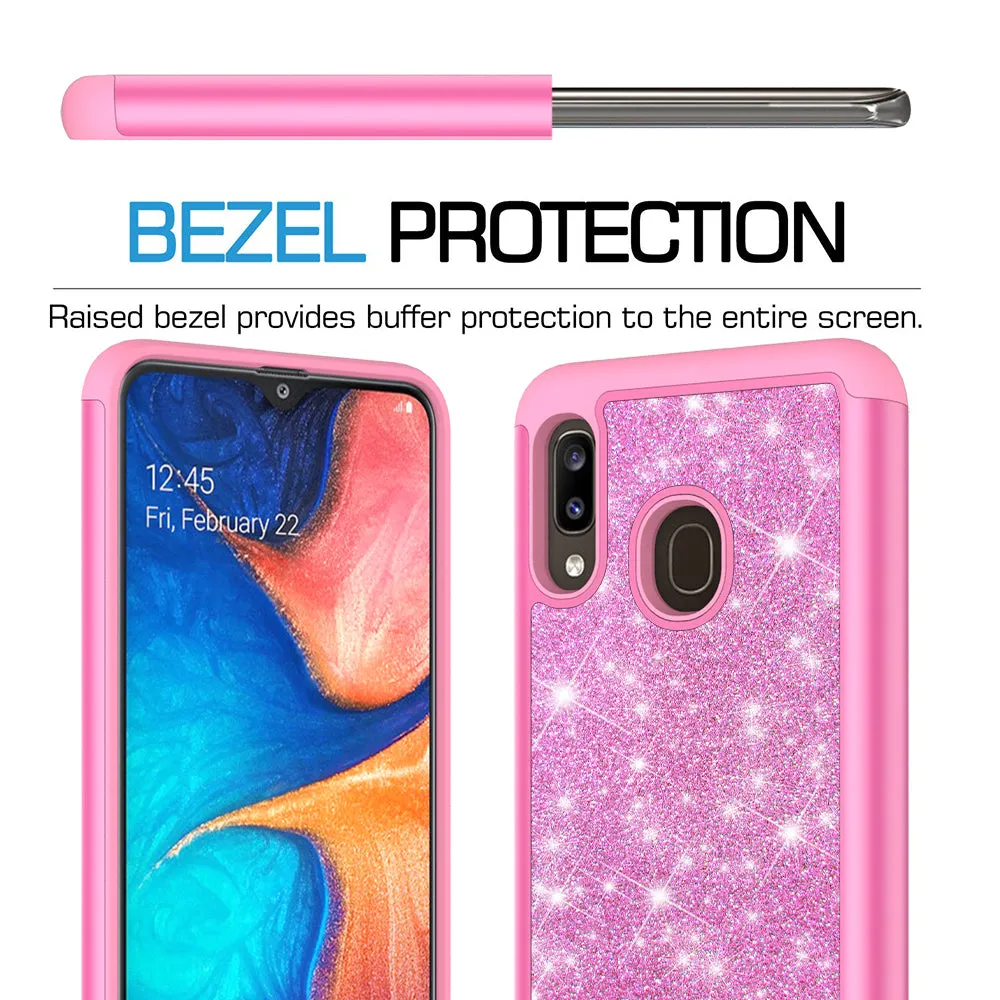 Samsung Galaxy A20 Case, Glitter Bling Heavy Duty Shock Proof Hybrid Case with [HD Screen Protector] Dual Layer Protective Phone Case Cover for Samsung Galaxy A20 - Hot Pink